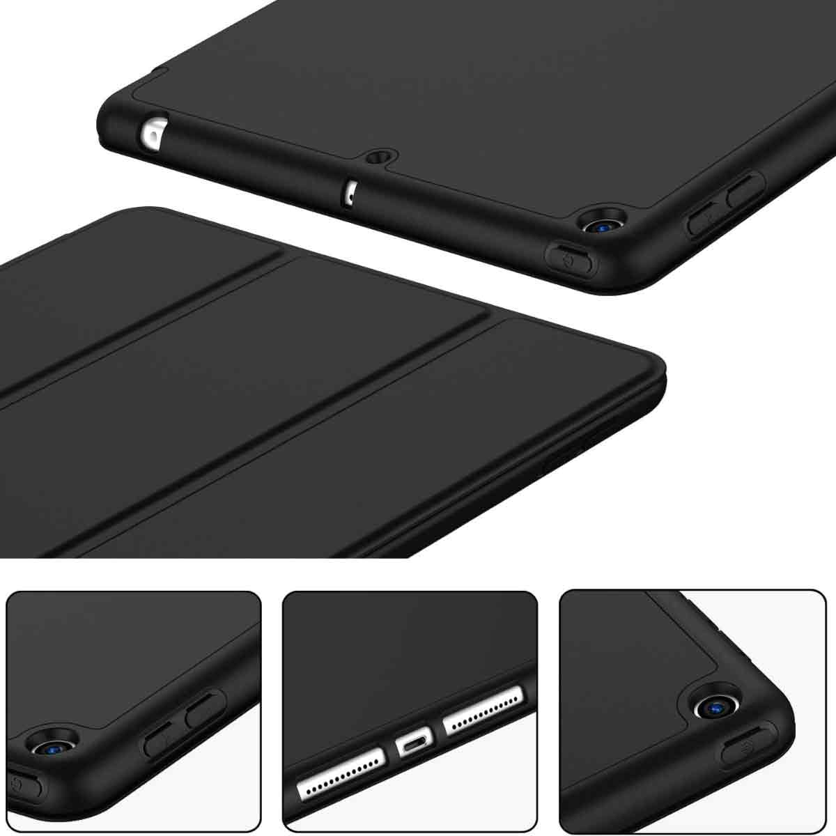 Schwarze Tablet-Hüllen. Draufsicht zeigt die Hülle und Teile des Tablets mit Öffnungen und Knöpfen. Drei Nahaufnahmen von Kanten.