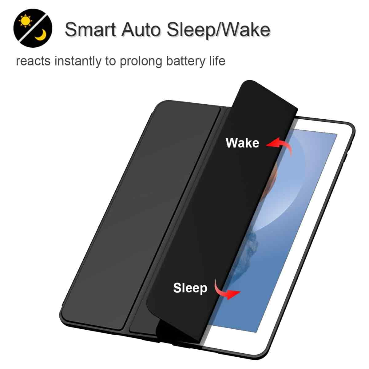 Schwarze Tablet-Hülle mit 'Wake'- und 'Sleep'-Anzeigen. Der Bildschirm des Tablets ist sichtbar, mit blauem Hintergrund. Die Hülle ist geöffnet.