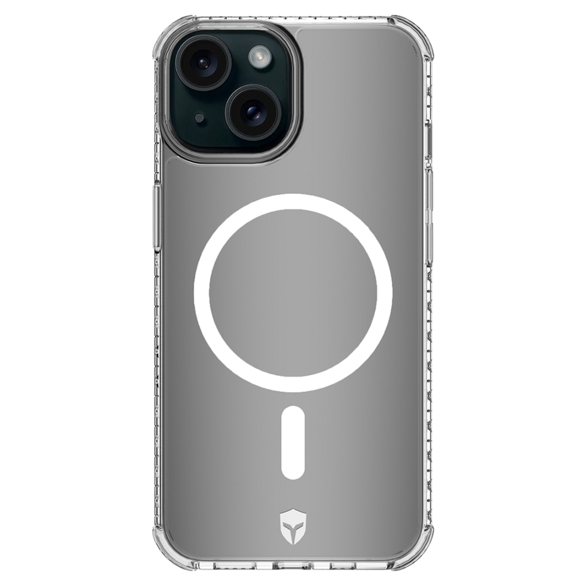 Custodia trasparente per telefono con anello bianco e barra verticale. Doppie lenti in alto. Trasparente con zona nera per fotocamera.