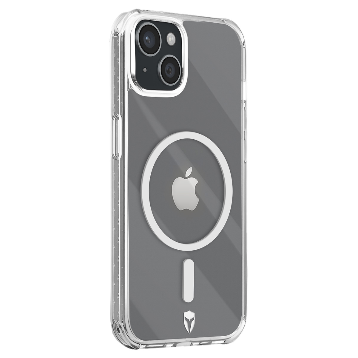 Custodia trasparente per iPhone con retro grigio e cerchio MagSafe bianco. Logo Apple e fotocamera visibili.