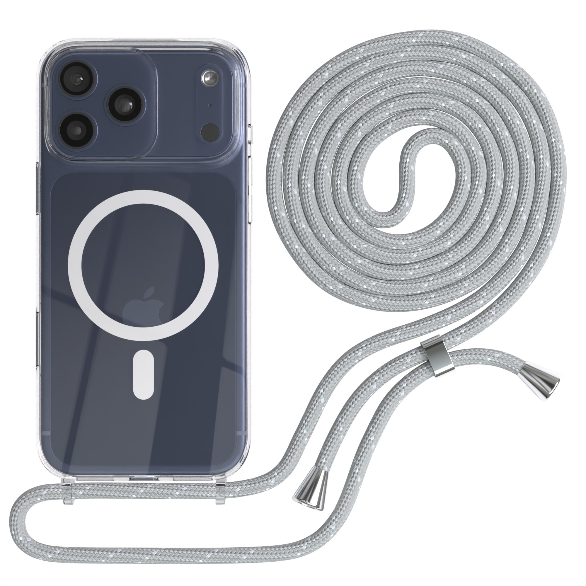 Transparente Handyhülle mit grauem Seil. Das Telefon hat mehrere Kameras. Das Seil ist aufgerollt und hat Metallenden.