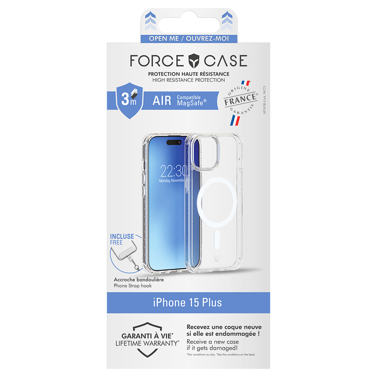 Una confezione di custodia per telefono con una custodia per iPhone 15 Plus, la scatola recita 'FORCE CASE' e 'LIFETIME WARRANTY'.