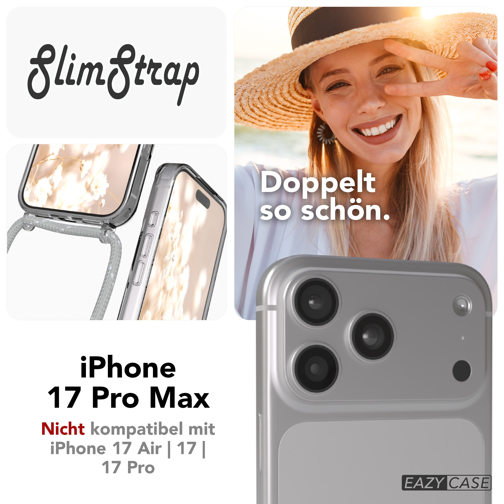 Das Bild zeigt eine Frau mit Hut, Handyhüllen und Text. Der Text lautet 'Slim Strap' und 'iPhone 17 Pro Max'.