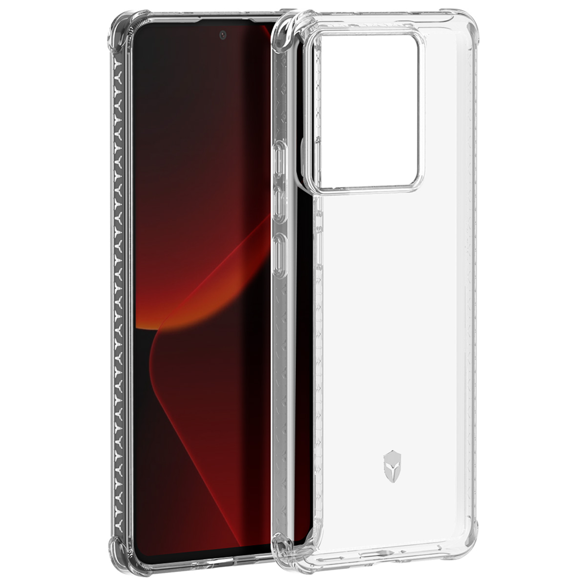 Una custodia trasparente per telefono accanto a uno smartphone con schermo sfumato rosso. La custodia ha bordi protettivi e un logo.