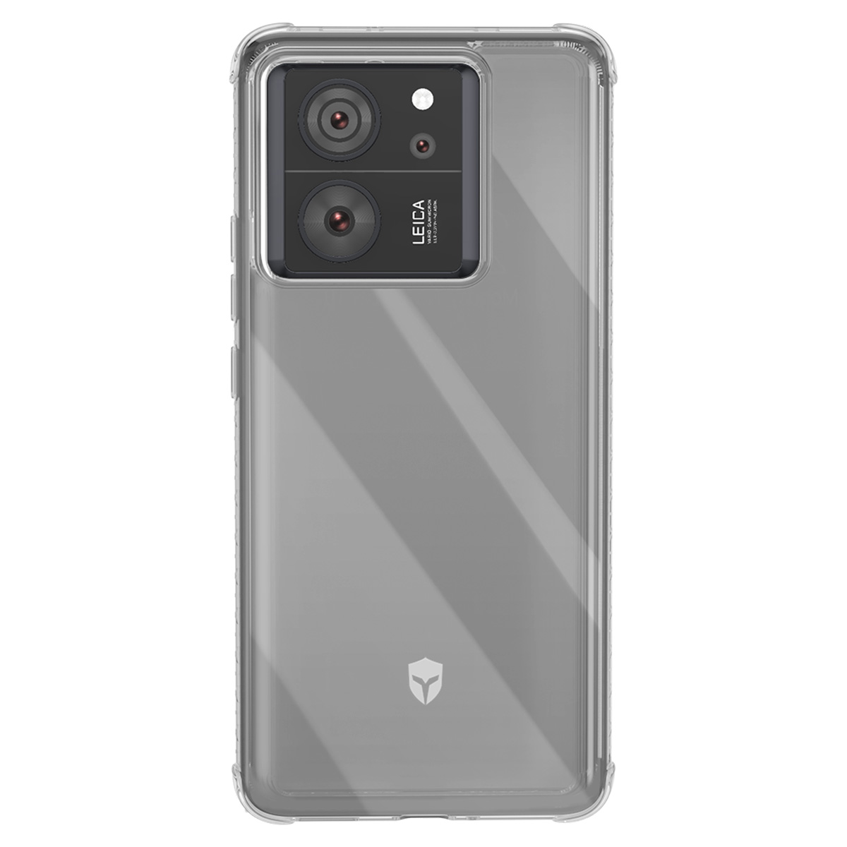 Uno smartphone in una custodia trasparente. Visibili le lenti della fotocamera e il logo Leica. La custodia ha un logo.