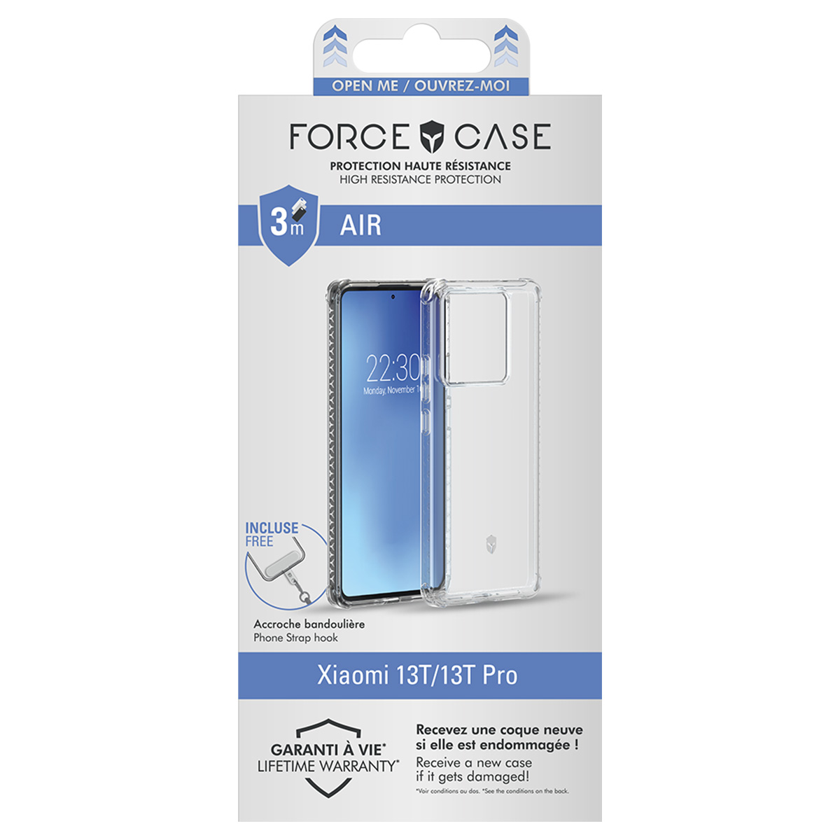 Una confezione di custodia per telefono con un telefono all'interno. Il testo include "FORCE CASE", "Xiaomi 13T/13T Pro" e "LIFETIME WARRANTY".