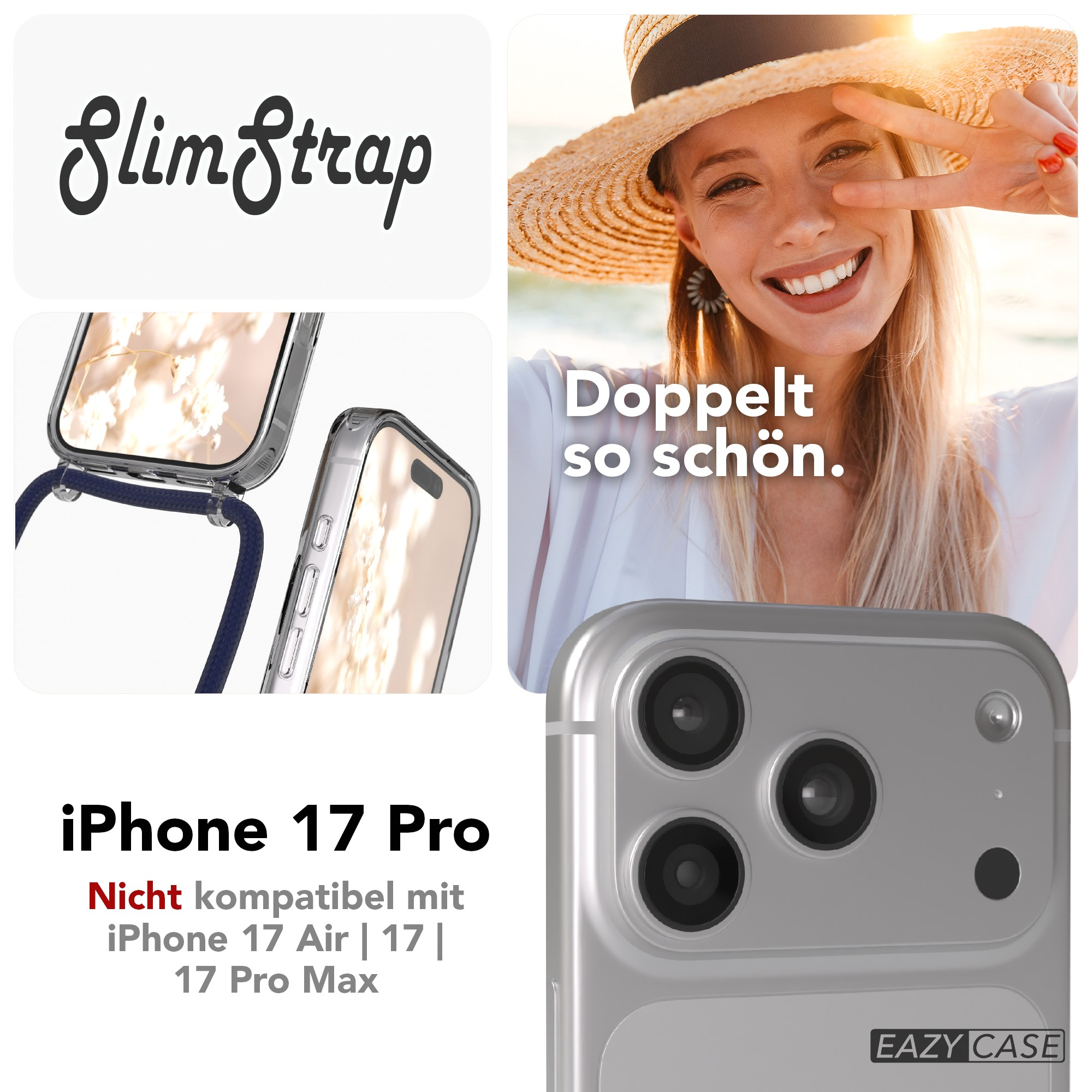 Das Bild zeigt eine iPhone-Hülle, eine Frau mit Hut und die Wörter 'SlimStrap' und 'Doppelt so schön'.