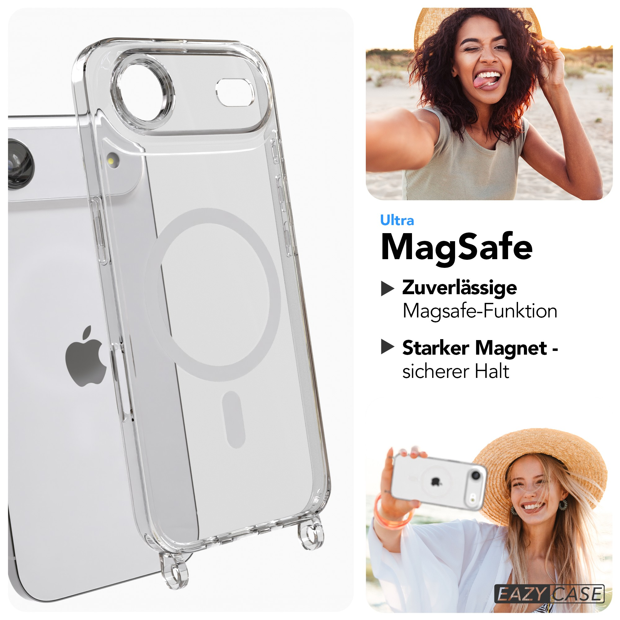 Transparente Handyhülle auf iPhone. Frauen machen Selfies. Text: Ultra MagSafe. Produktwerbung.