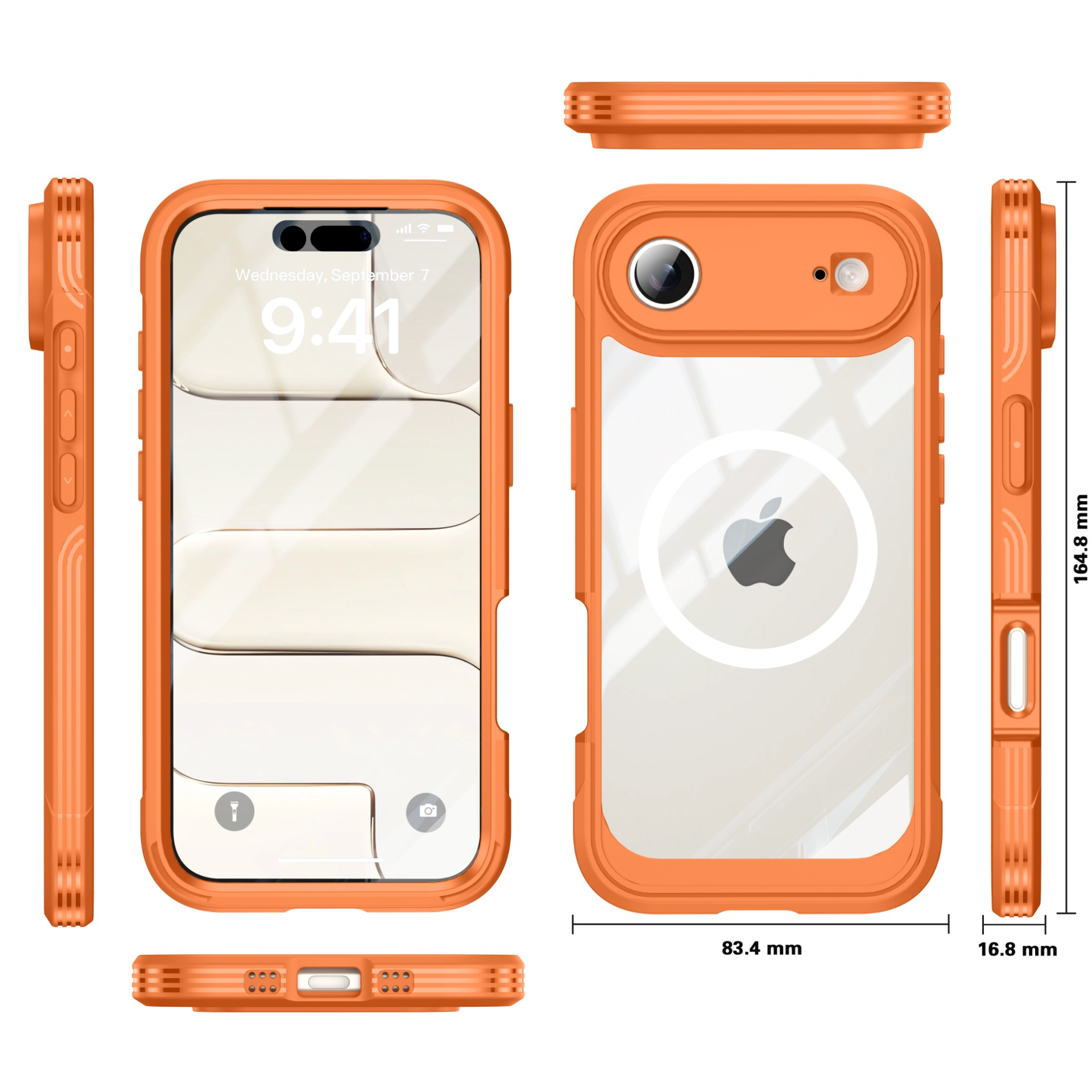 Eine orangefarbene iPhone-Hülle mit einem Telefon darin. Zeigt Mittwoch, 7. September, 9:41 Uhr an. Maße: 164,8 mm x 83,4 mm x 16,8 mm.