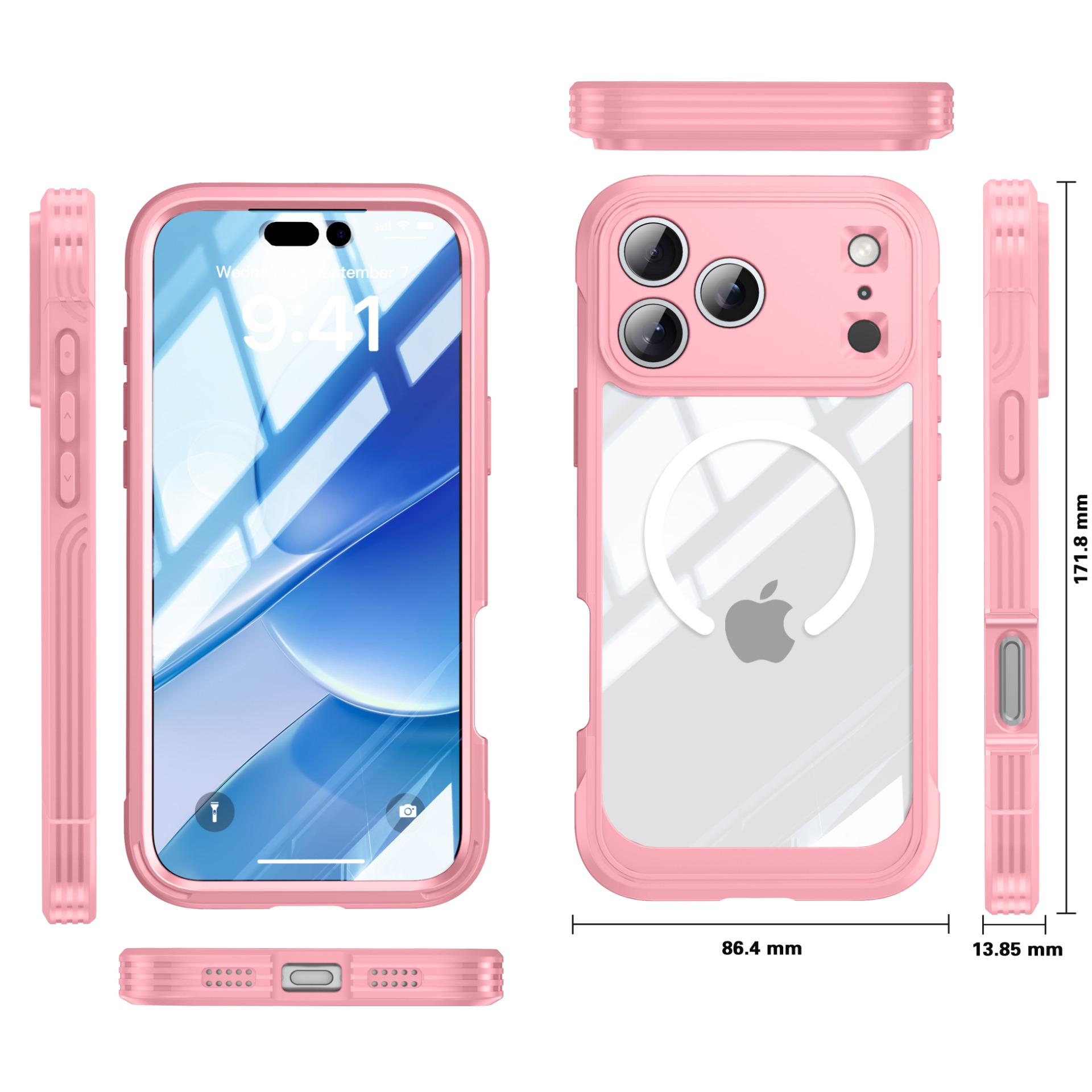 Rosa Handyhülle mit durchsichtigem Rückteil, Apple-Logo und Abmessungen. Der Bildschirm zeigt Datum und Uhrzeit.