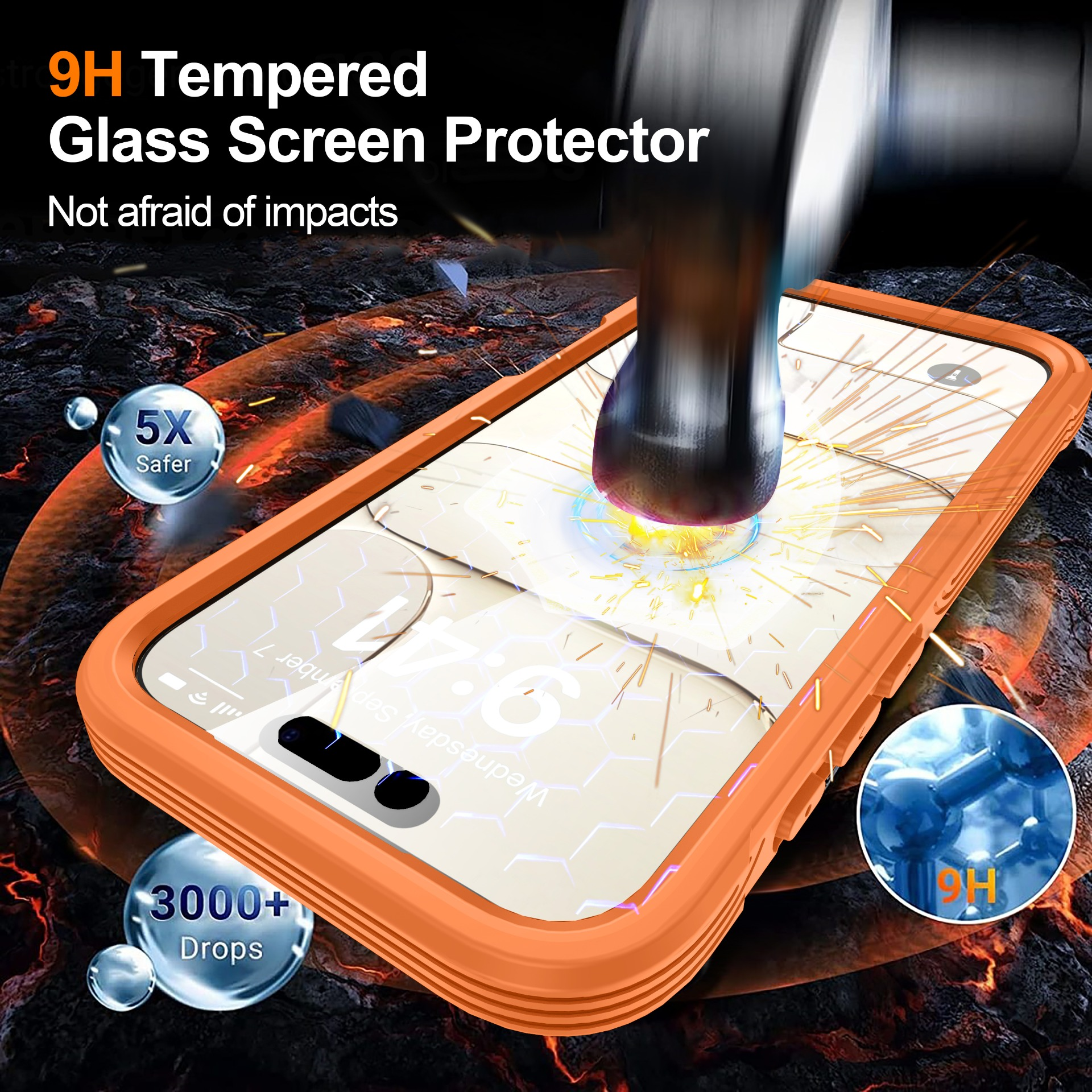 Ein Telefon in einer orangefarbenen Hülle wird von einem Hammer getroffen. Text zeigt Displayschutz mit 9H-Härte.