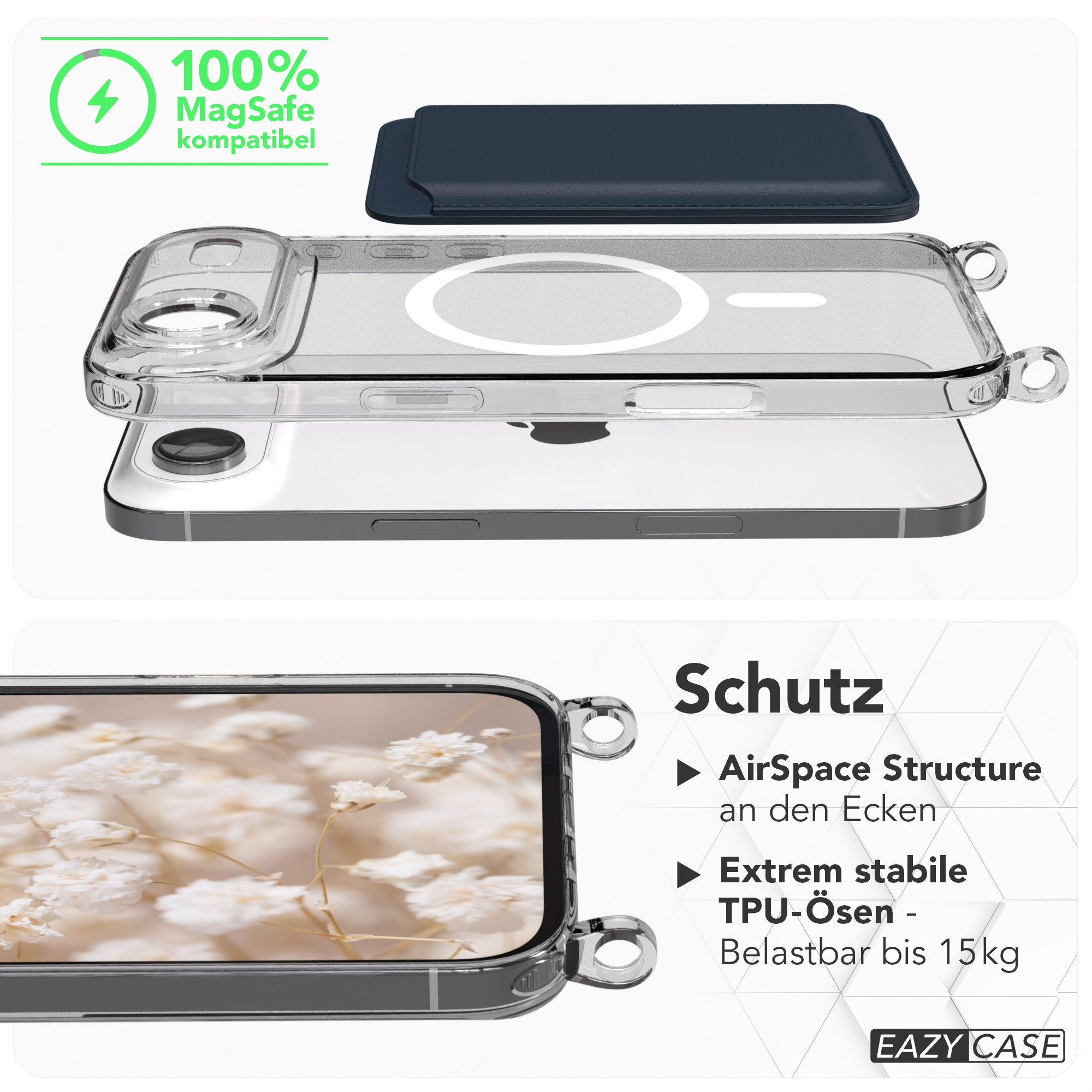 Gezeigt werden eine Handyhülle und ein Handy. Die Hülle ist durchsichtig, das Handy ist silberfarben. Eine blaue Geldbörse ist oben.