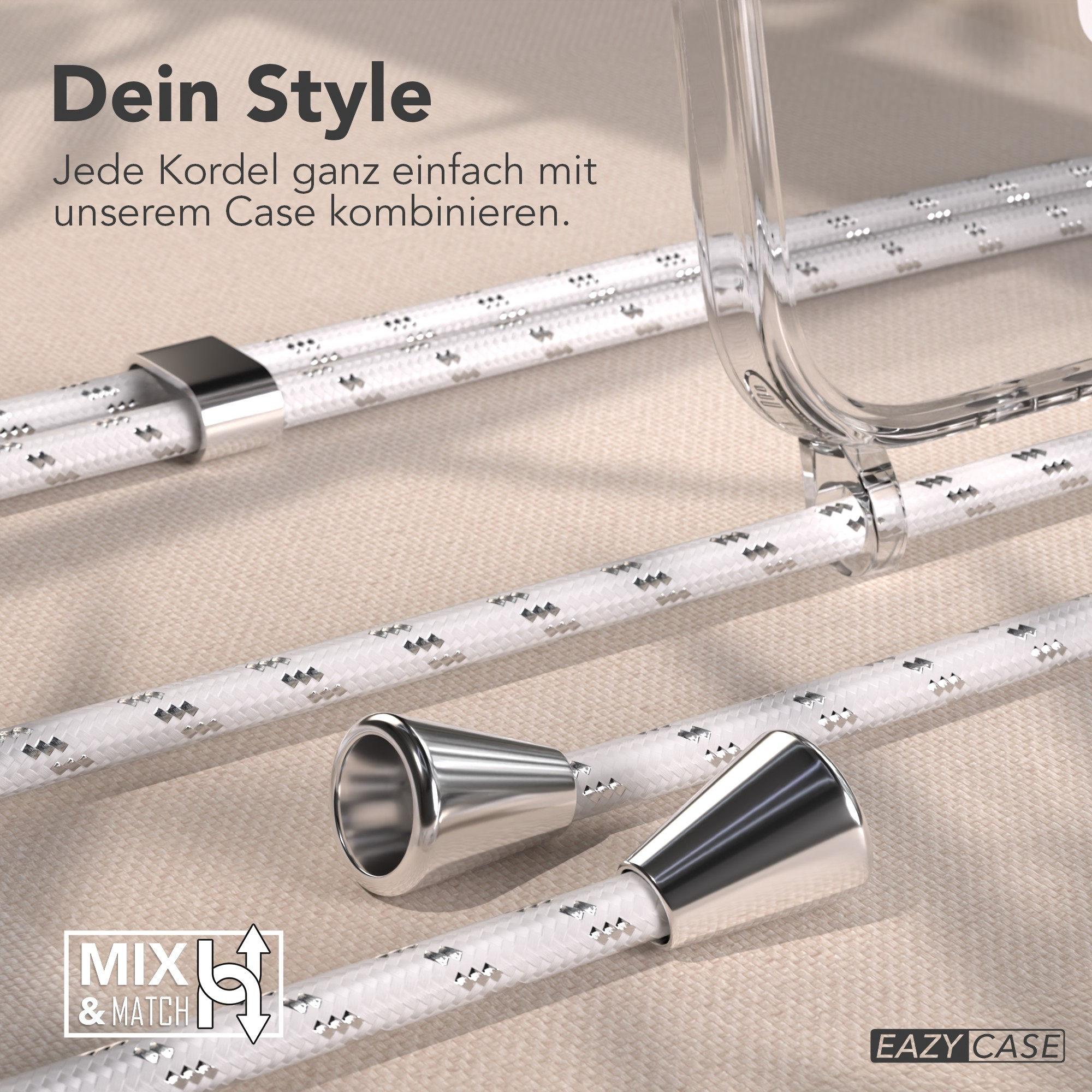 Das Bild zeigt weiße Kordeln mit silbernen Akzenten. Eine transparente Handyhülle und Metallendkappen sind sichtbar.