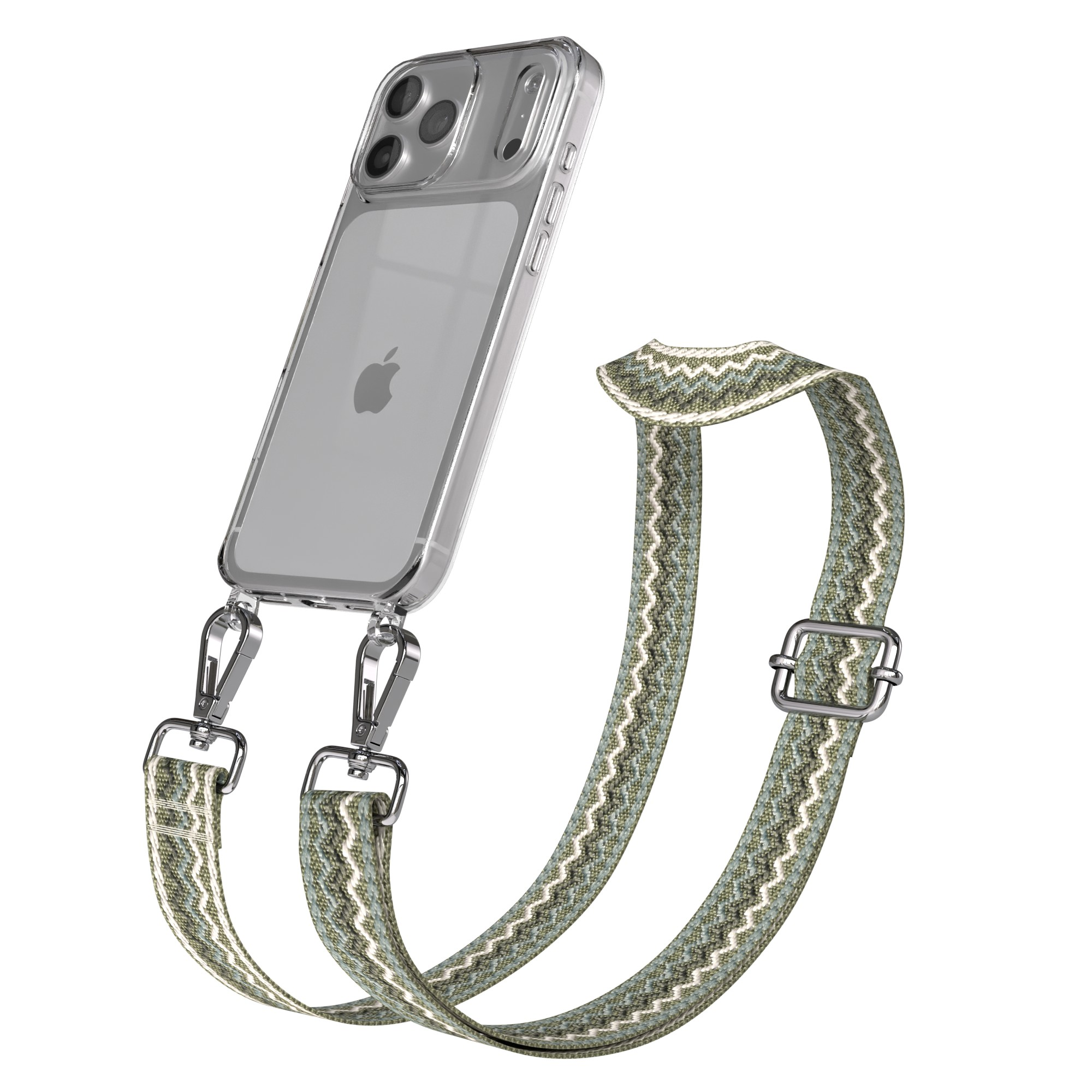 Transparente Handyhülle mit gemustertem Riemen. Der Riemen ist grün und weiß und wird mit silbernen Clips am Telefon befestigt.