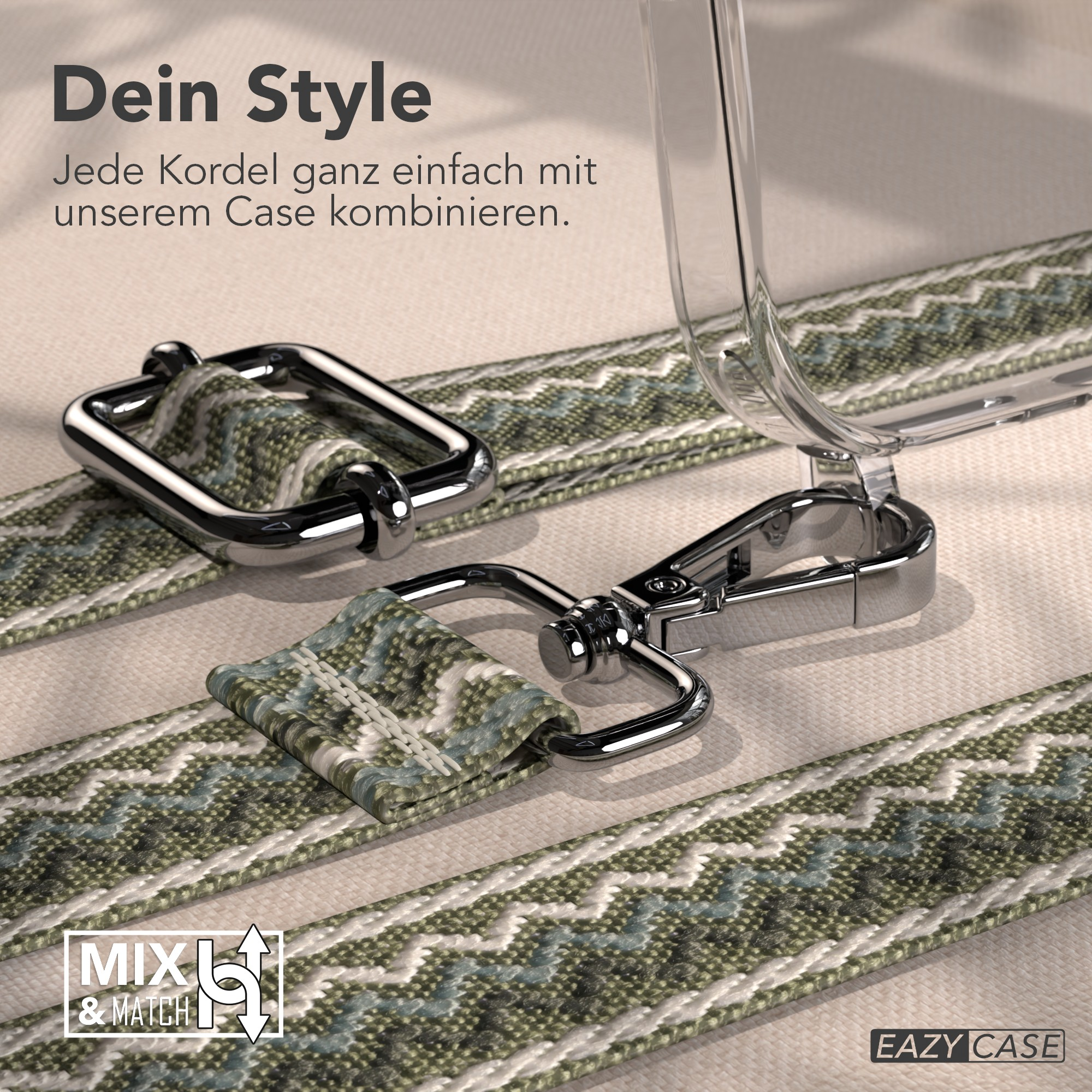 Das Bild zeigt einen Telefonriemen mit silbernen Verschlüssen und einer transparenten Handyhülle. Text: Dein Style, Mix & Match, EAZY CASE.