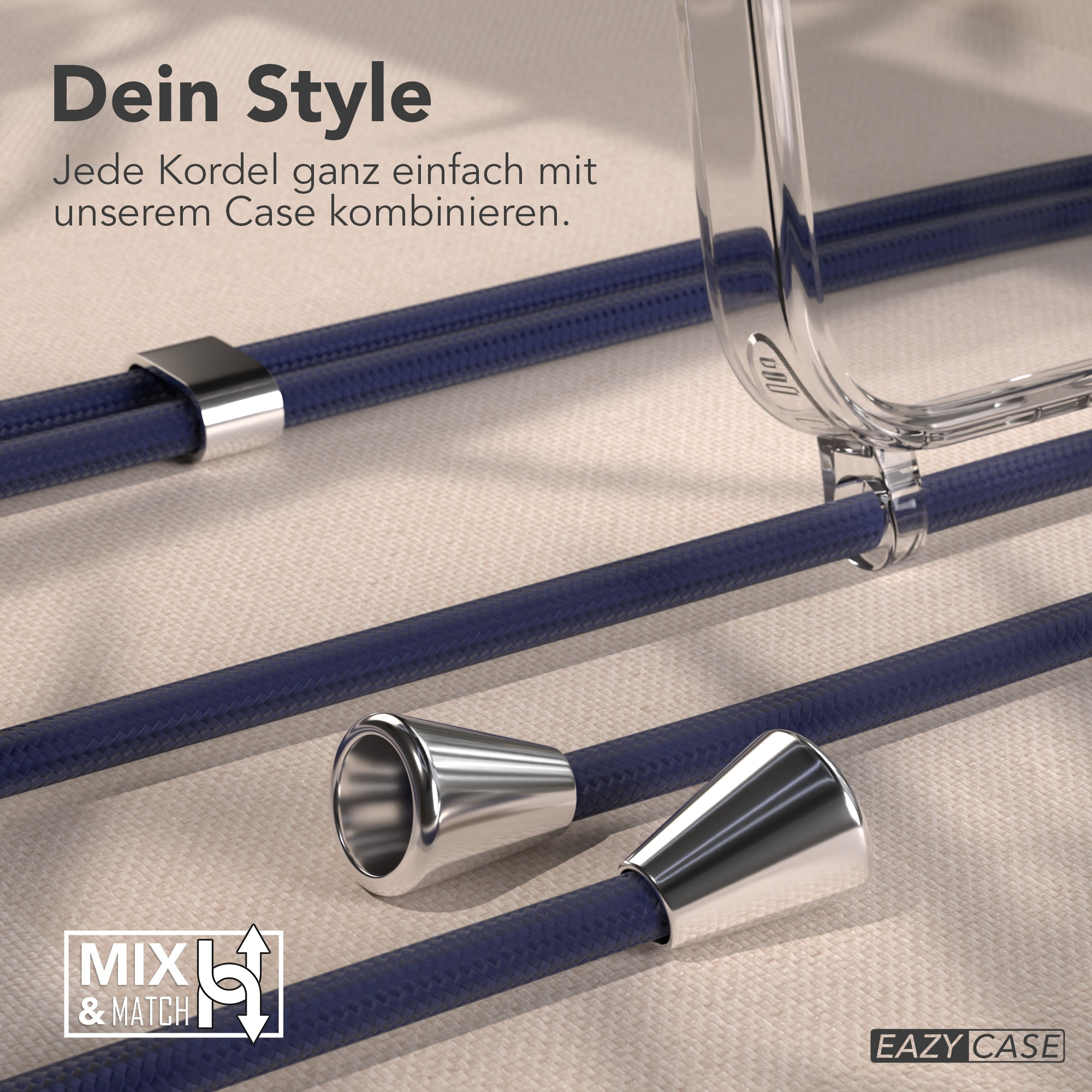 Das Bild zeigt blaue Kordeln mit silbernen Akzenten, eine klare Handyhülle und Text über Mix and Match-Stile.
