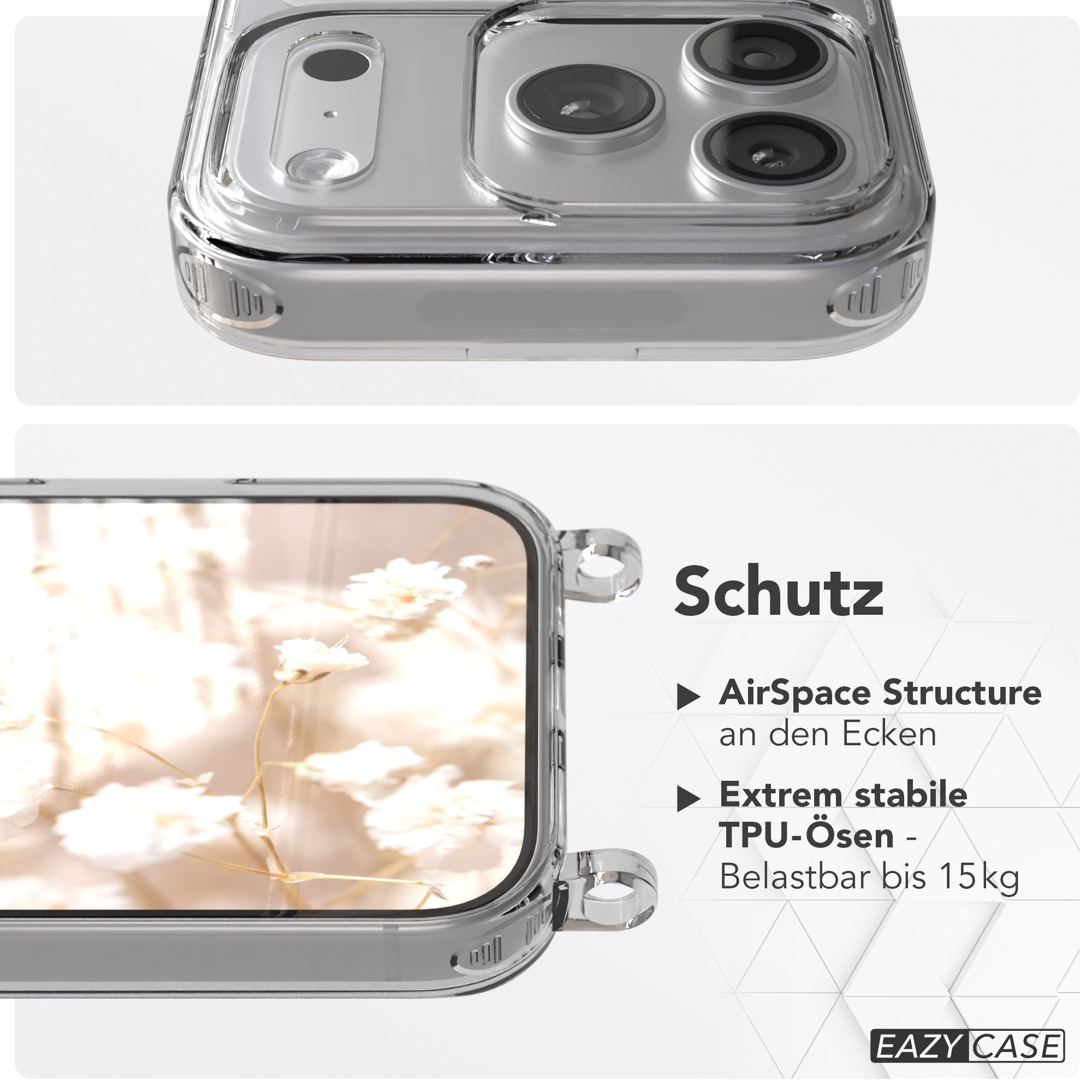 Transparente Handyhülle mit floralem Hintergrund. Eigenschaften: AirSpace-Struktur und TPU-Ösen, belastbar bis 15 kg.