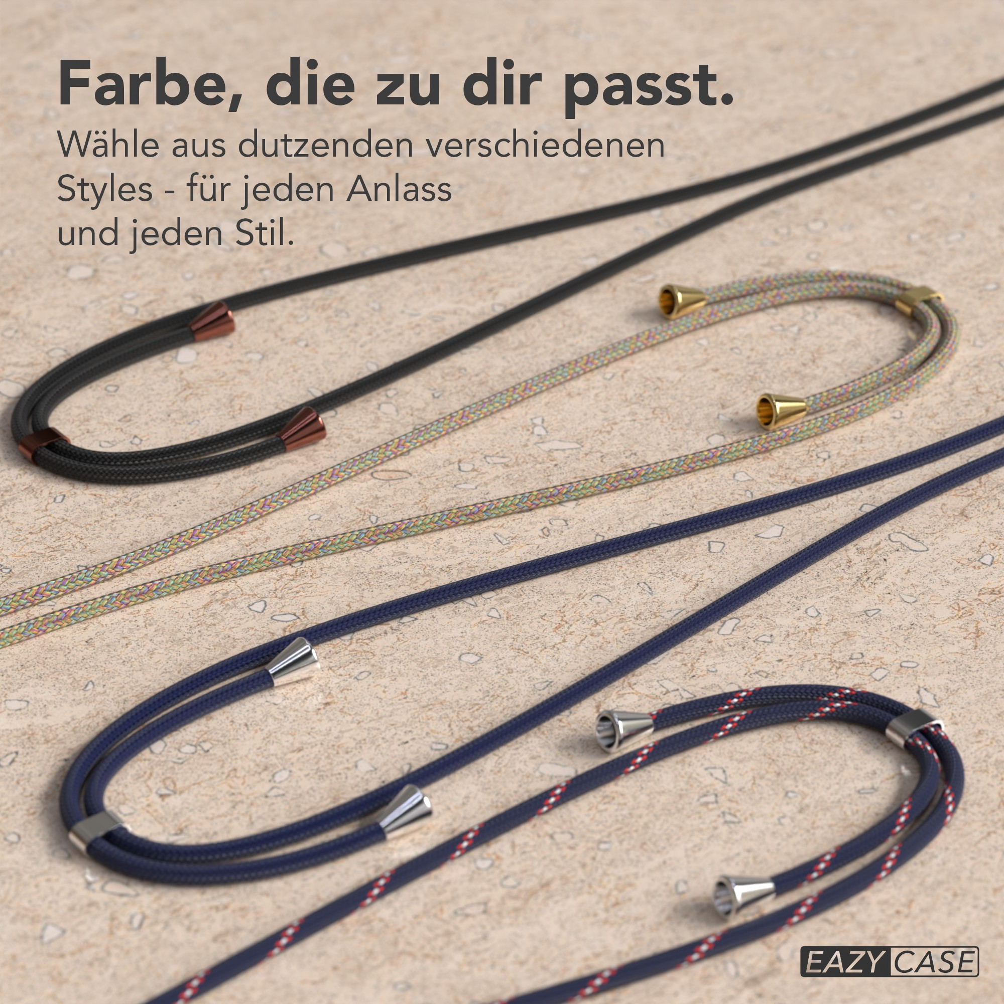 Drei Telefon-Lanyards in verschiedenen Farben auf einer strukturierten Oberfläche. Text auf Deutsch oben und EAZY CASE Logo unten.