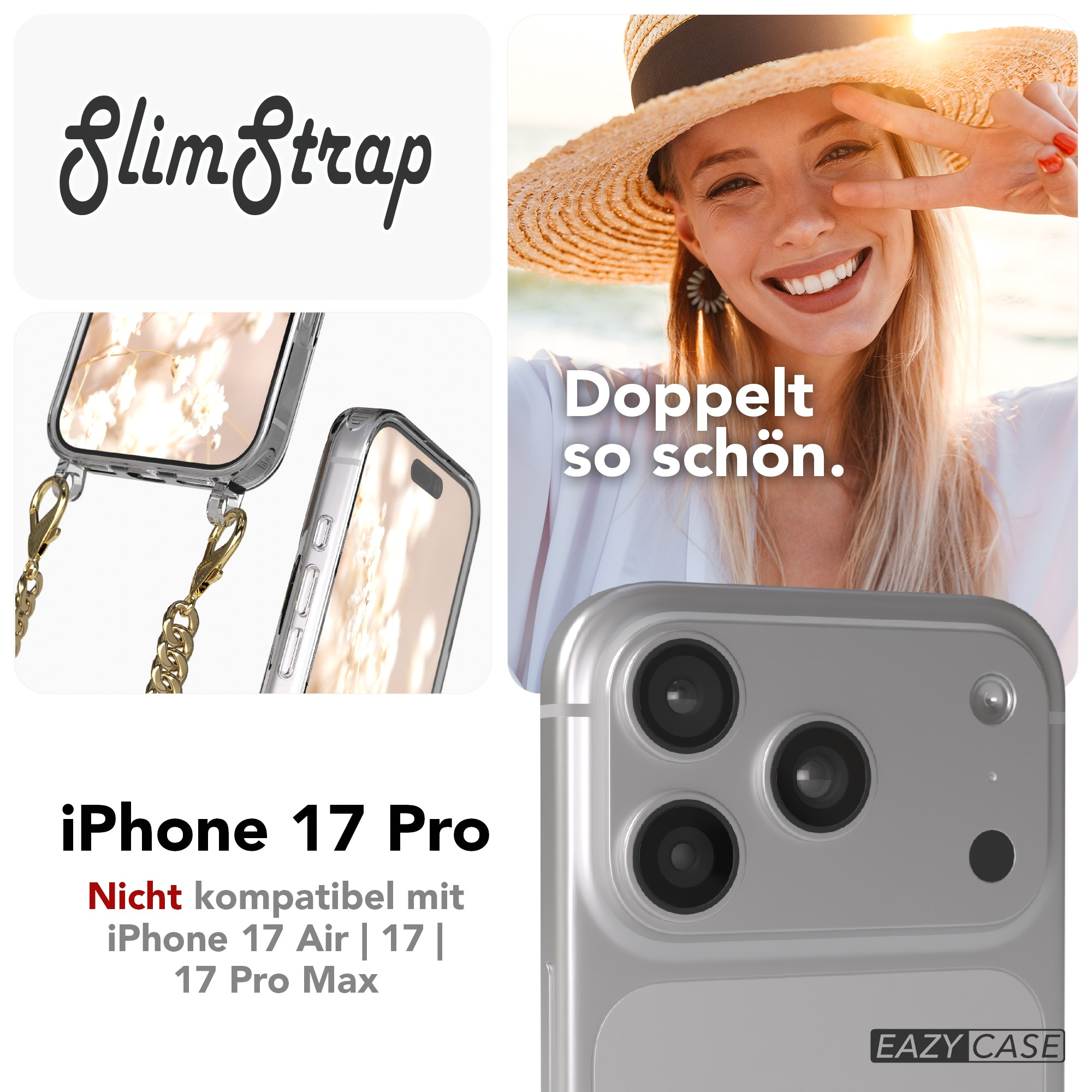 Eine lächelnde Frau mit Hut, eine Handyhülle mit Riemen und Telefondetails. Text: SlimStrap, iPhone 17 Pro.
