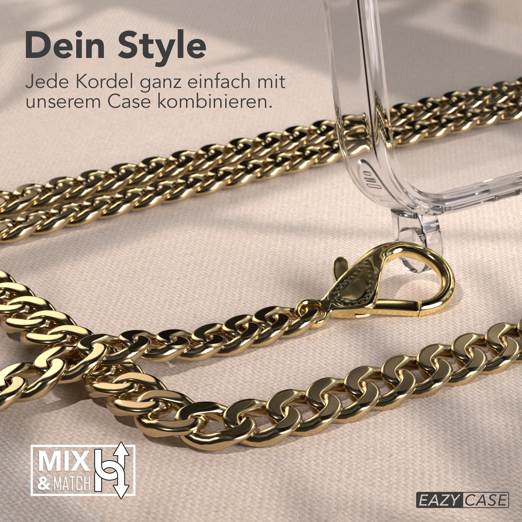 Goldene Kette und eine transparente Handyhülle auf strukturiertem Hintergrund. Der Ausdruck 'Mix & Match'.