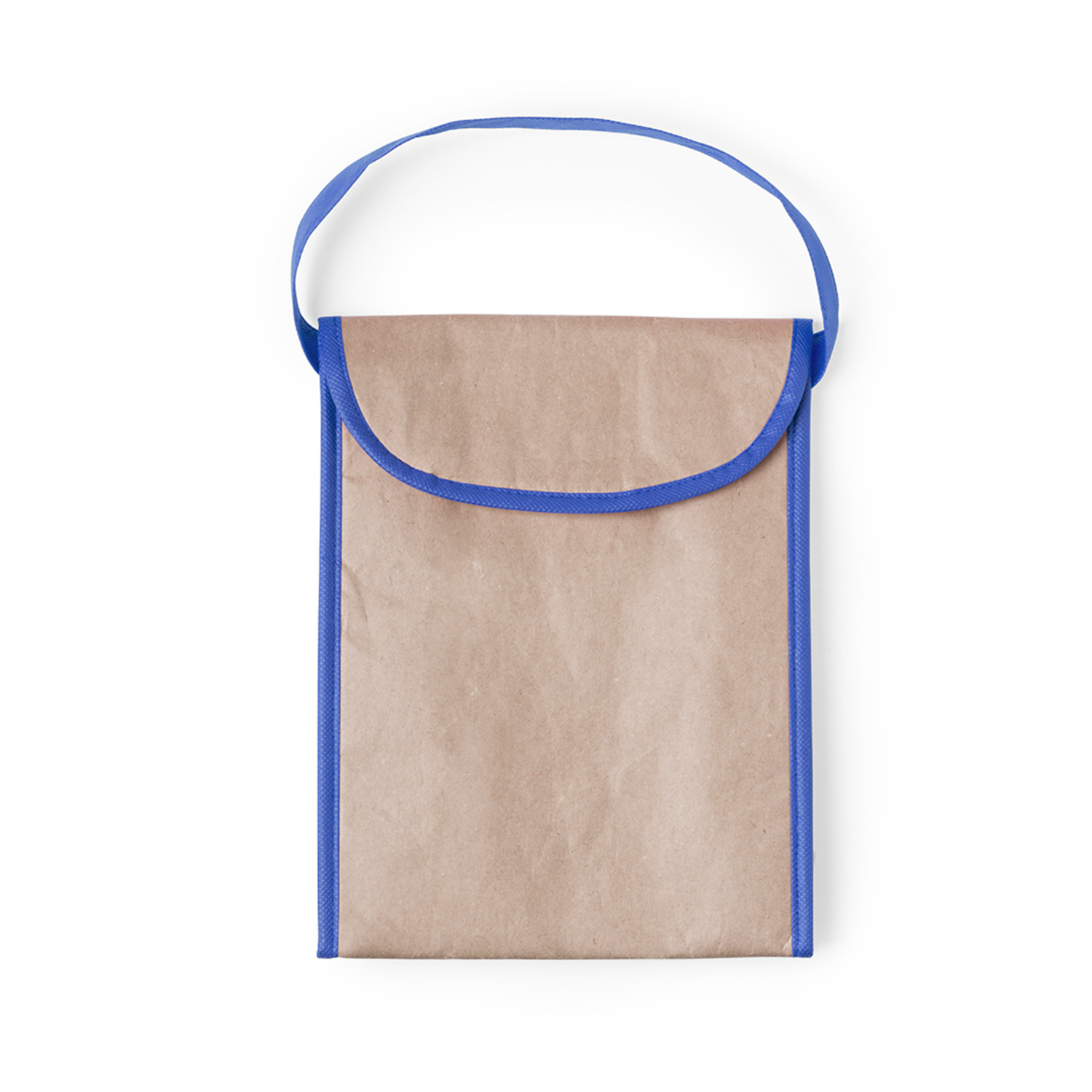Un sacchetto di carta marrone con rifiniture blu e manico blu è su uno sfondo bianco. La borsa è chiusa in alto.