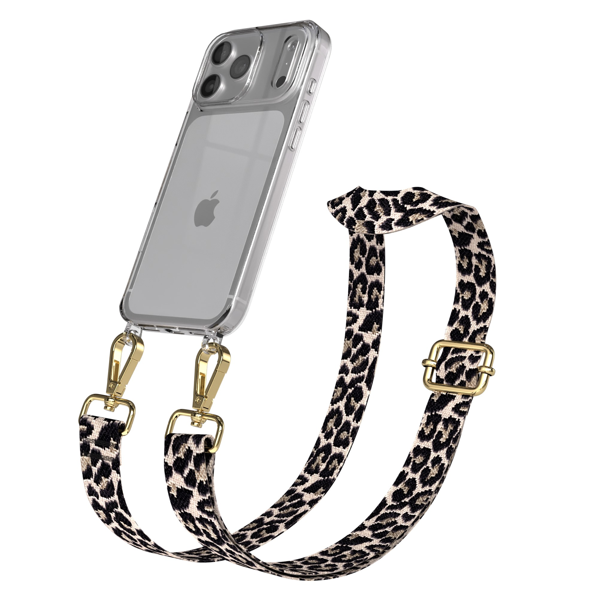 Transparente Handyhülle mit Leopardenmuster-Gurt und goldenen Verschlüssen. Das Telefon ist ein iPhone.