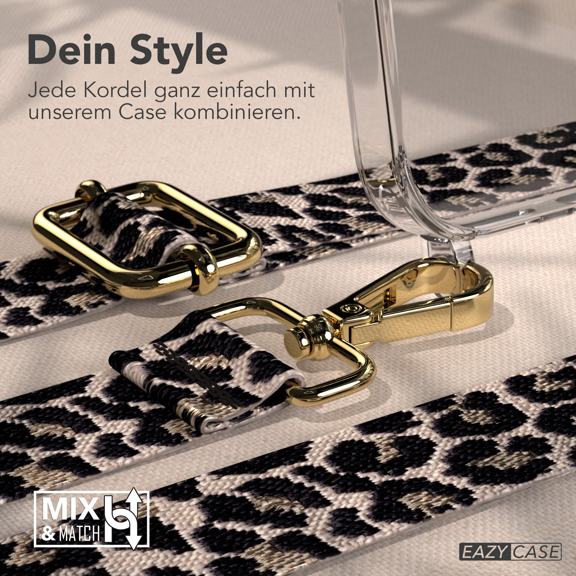 Leopardmuster-Gurt mit goldener Hardware und einer transparenten Handyhülle. Der Hintergrund ist ein weicher beiger Stoff.
