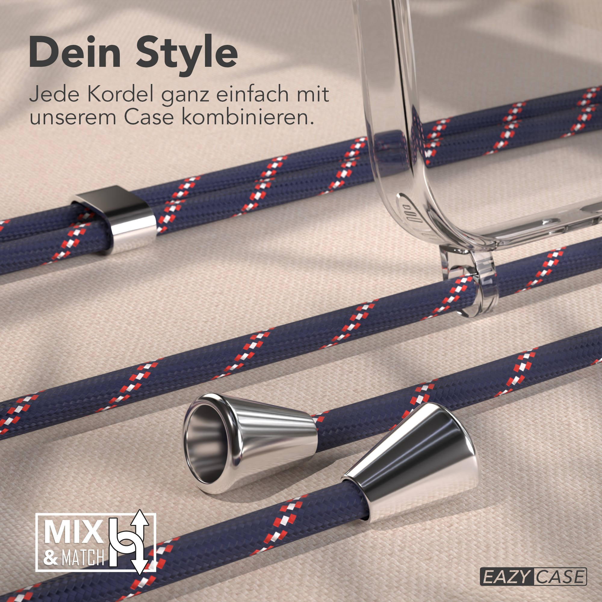 Das Bild zeigt blaue und rote Kordeln mit silberner Hardware. Eine klare Handyhülle ist sichtbar. Text: 'Dein Style'.