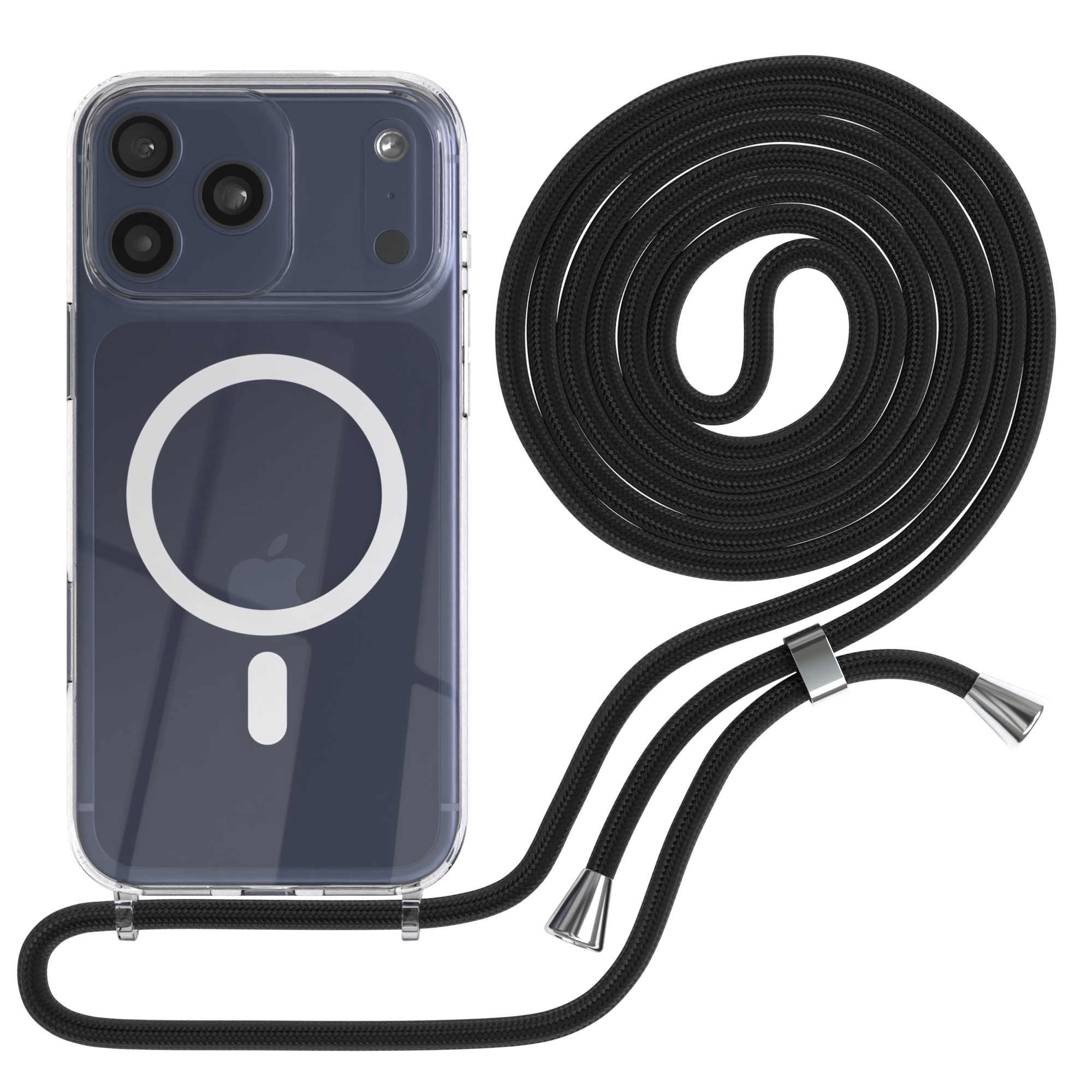 Transparente Handyhülle mit Lanyard. Die Hülle befindet sich auf einem dunkelblauen Telefon. Schwarzes Lanyard mit silbernen Akzenten.