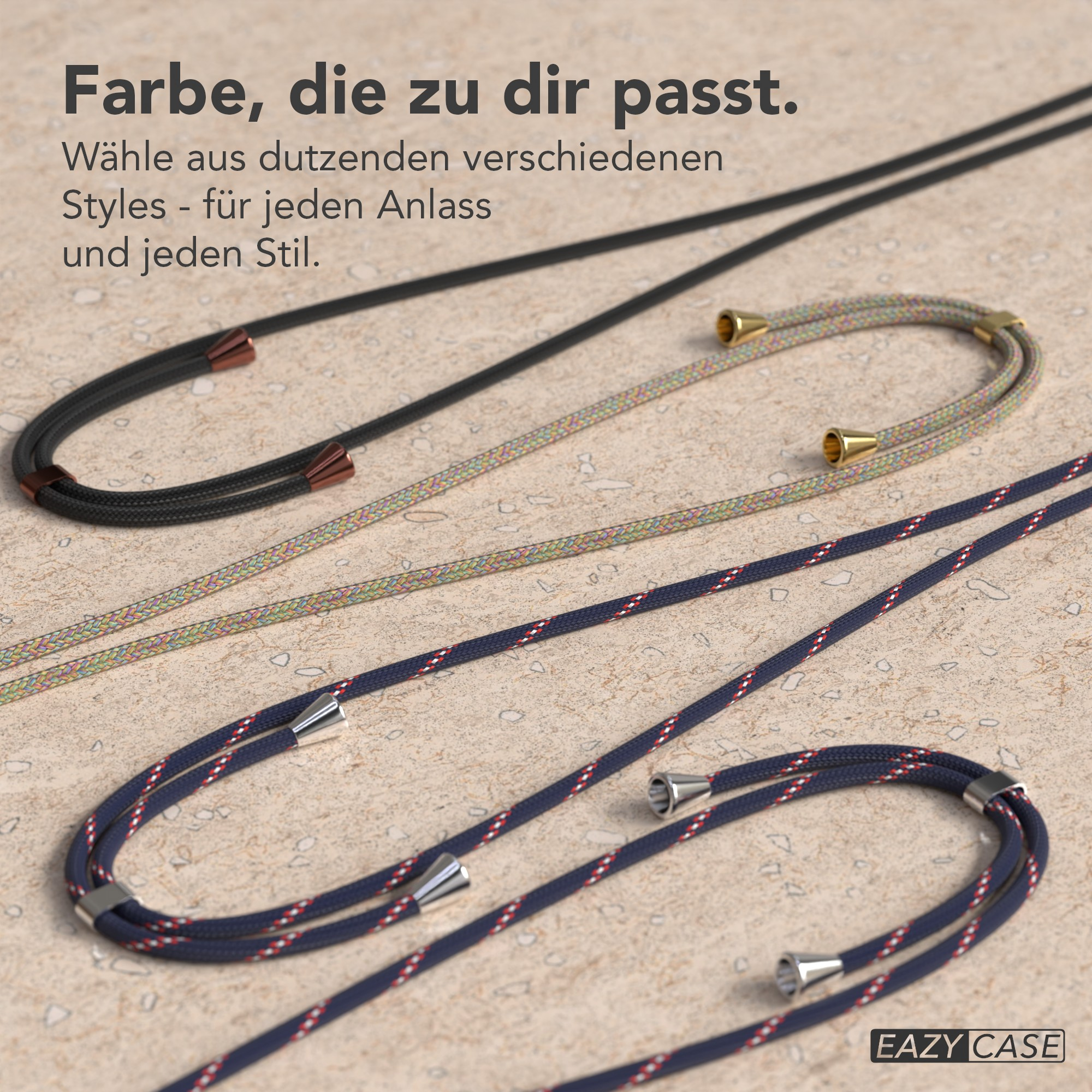 Drei Telefon-Lanyards in verschiedenen Farben auf einer strukturierten Oberfläche. Text: Farbe, die zu dir passt.