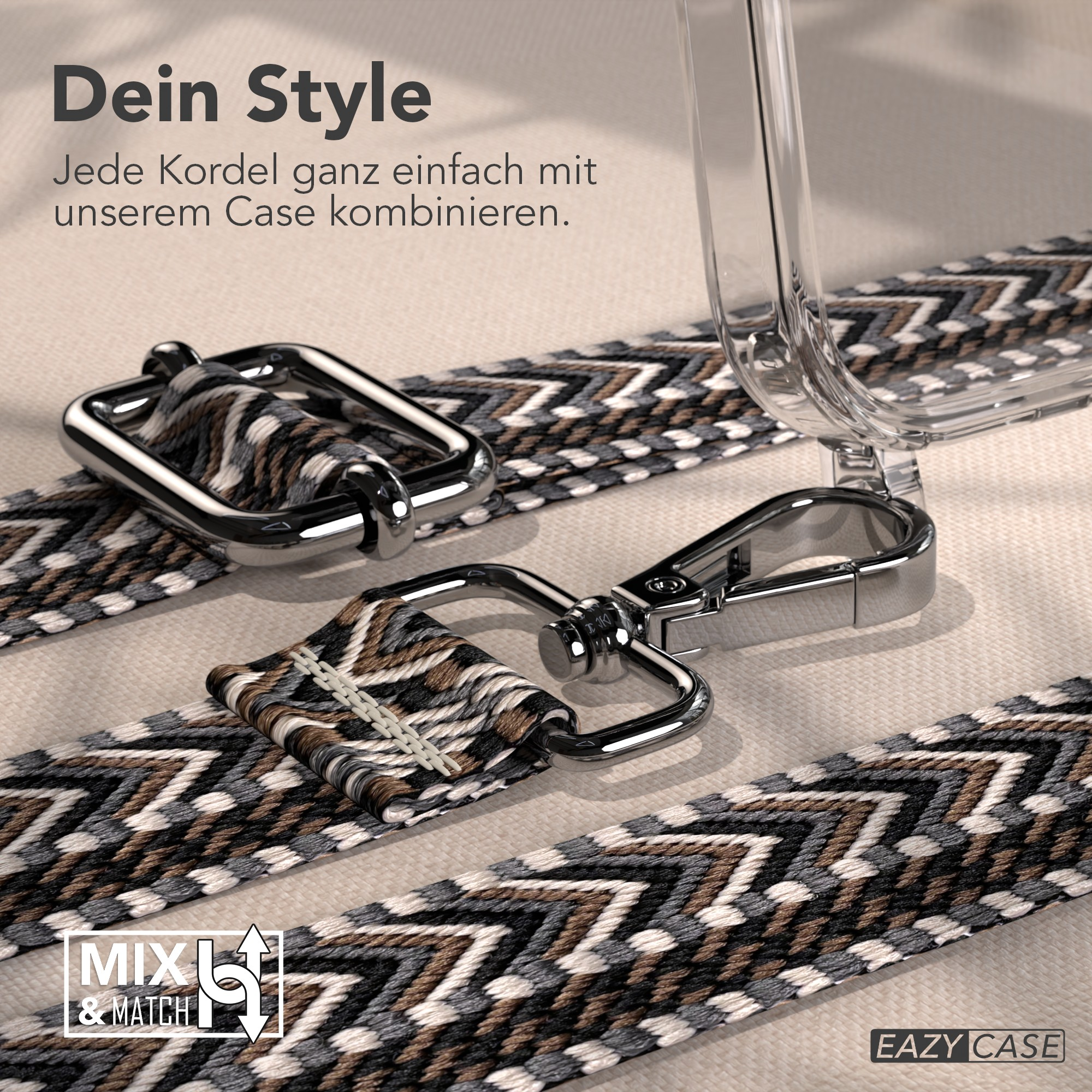 Nahaufnahme eines Handyhüllenriemens mit Metallverschluss. Der Riemen hat ein braunes, schwarzes und weißes Zickzackmuster. Text: Dein Style.
