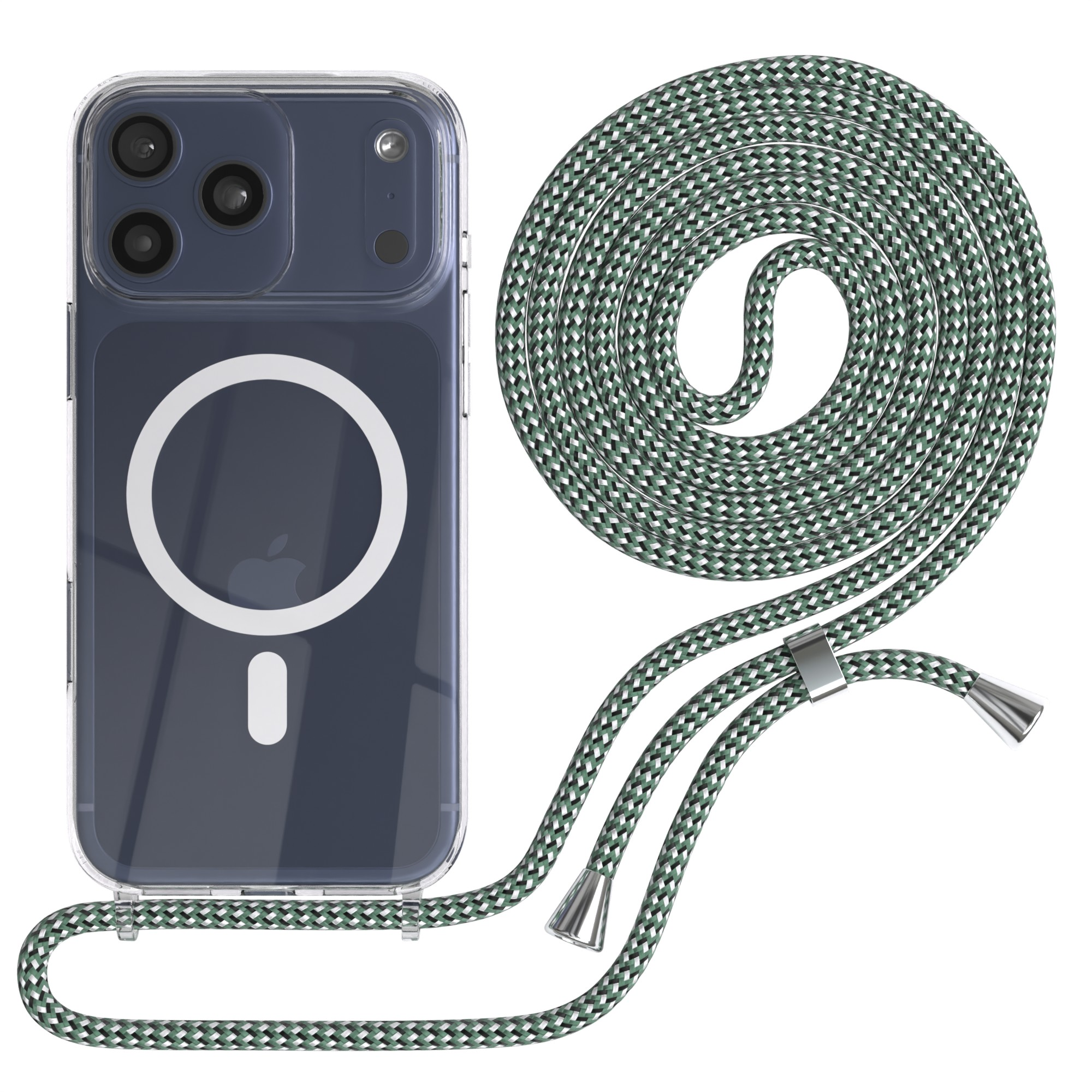 Eine Handyhülle mit einem Umhängeband. Die Hülle ist transparent, das Band ist grün, weiß und schwarz. Telefon hat mehrere Kameras.