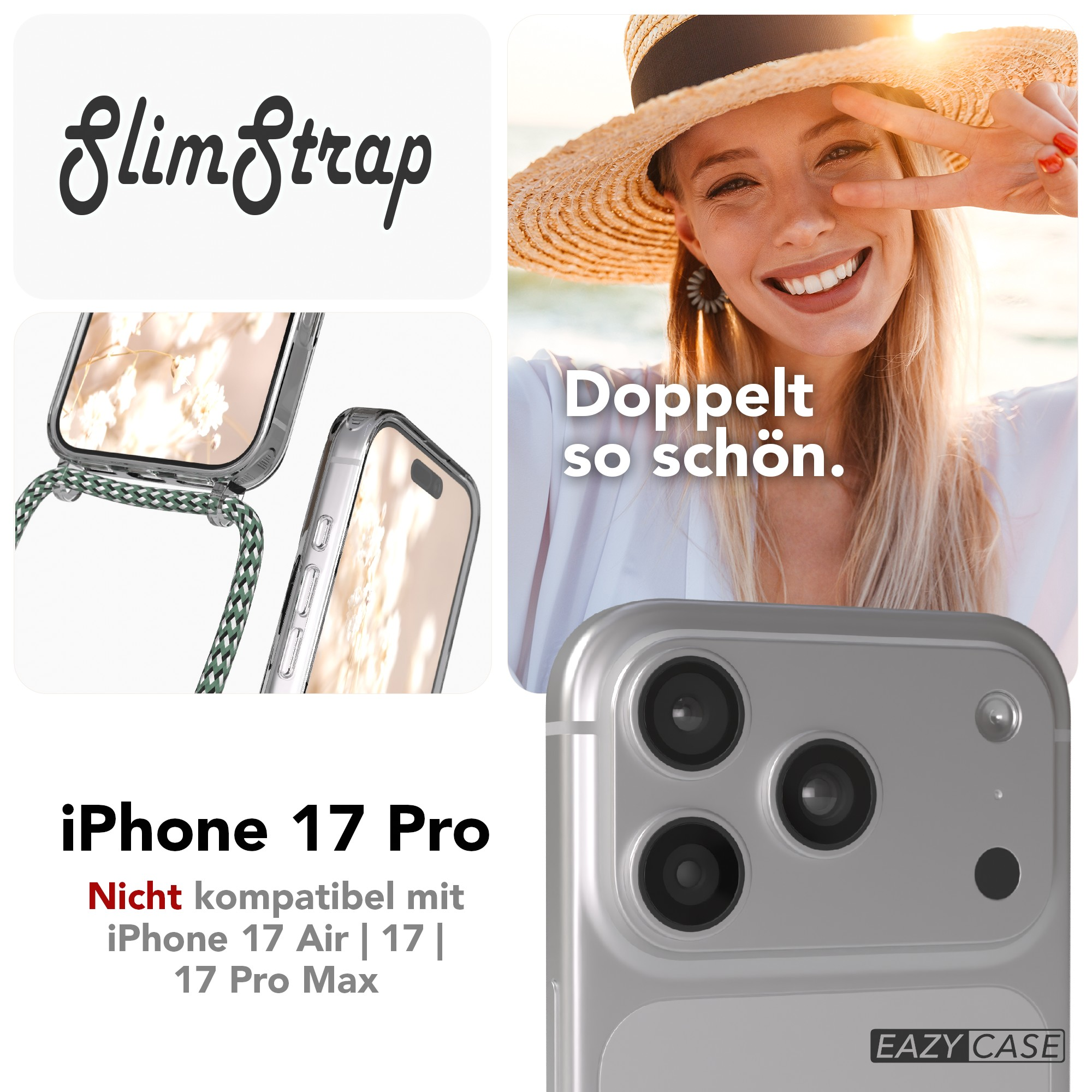 Das Bild zeigt eine Frau mit Peace-Zeichen, Handyhüllen und Produkttext. Der Text lautet 'SlimStrap' und 'iPhone 17 Pro'.