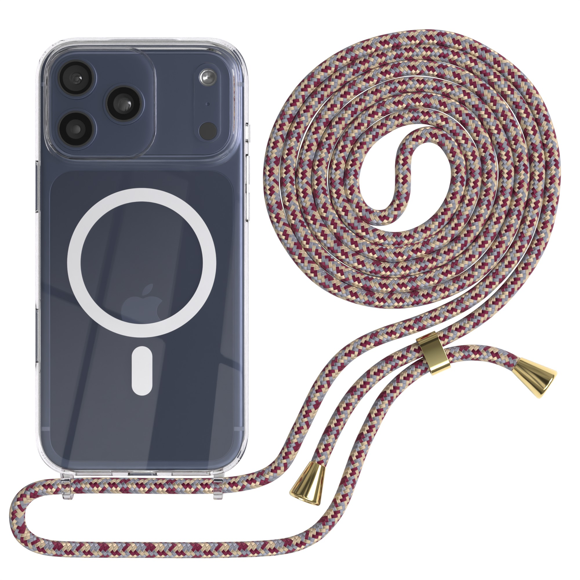 Transparente Handyhülle mit Lanyard. Das Lanyard besteht aus geflochtenem Seil mit goldenen Akzenten. Das Telefon hat drei Kameras.