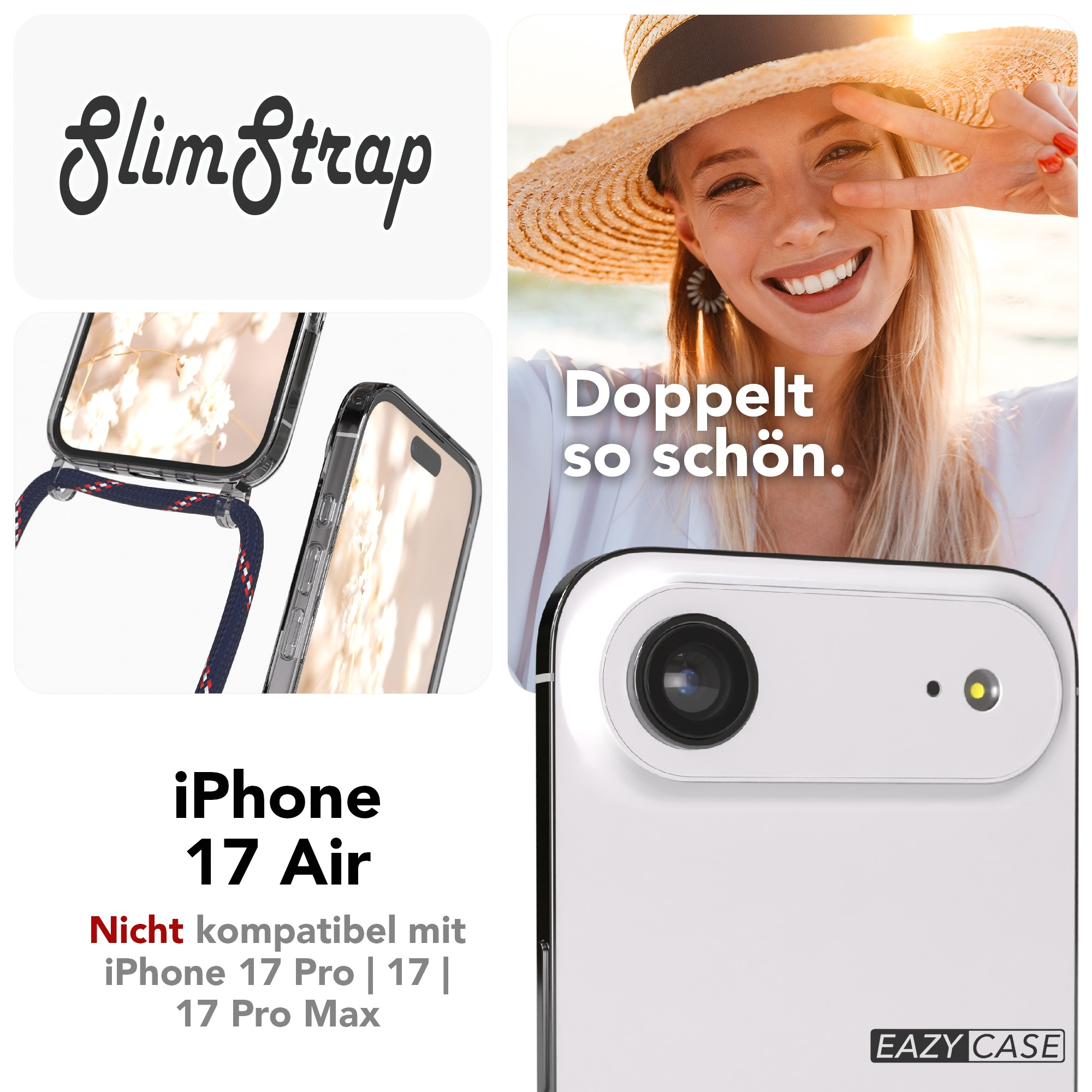 Das Bild zeigt eine Frau mit Friedenszeichen, Handyhüllen und Produktinformationen. Text enthält 'SlimStrap' und 'iPhone 17 Air'.