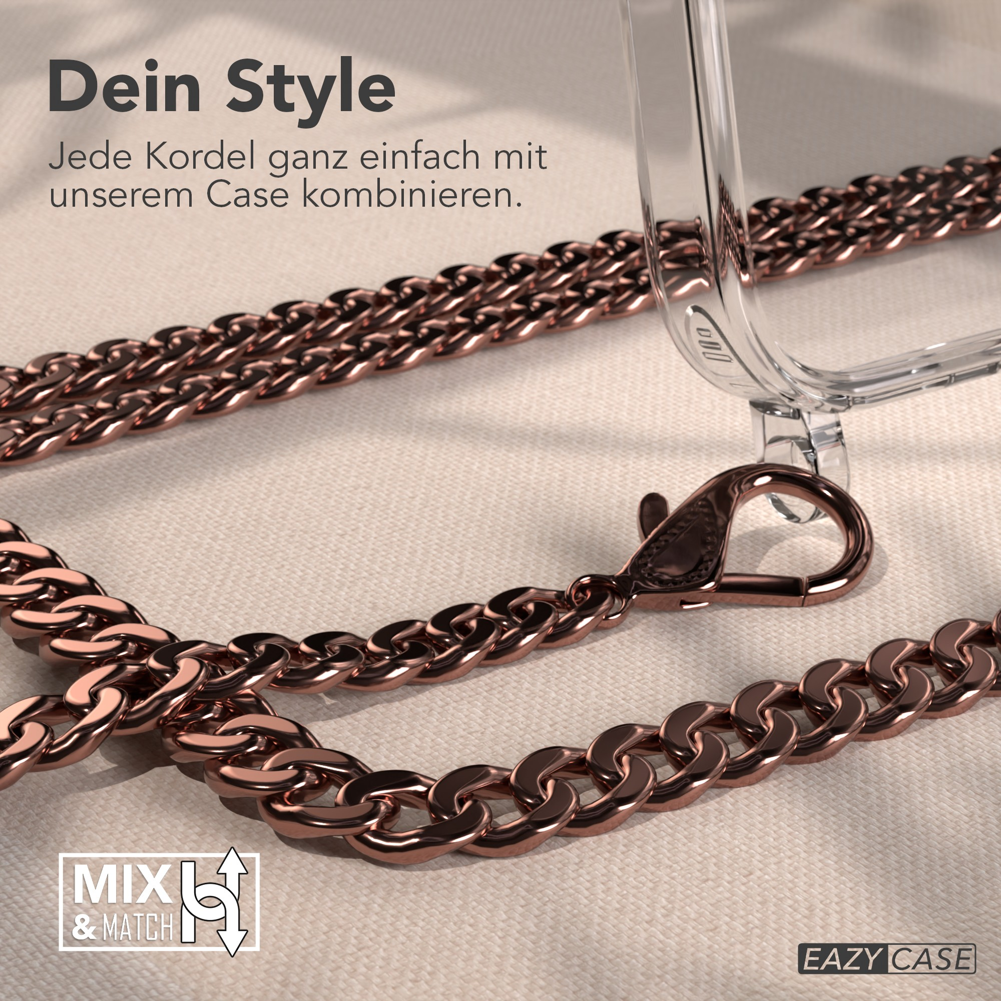 Eine roségoldene Kette und eine transparente Handyhülle liegen auf beigem Stoff. Text: 'Dein Style' und 'Mix & Match'.