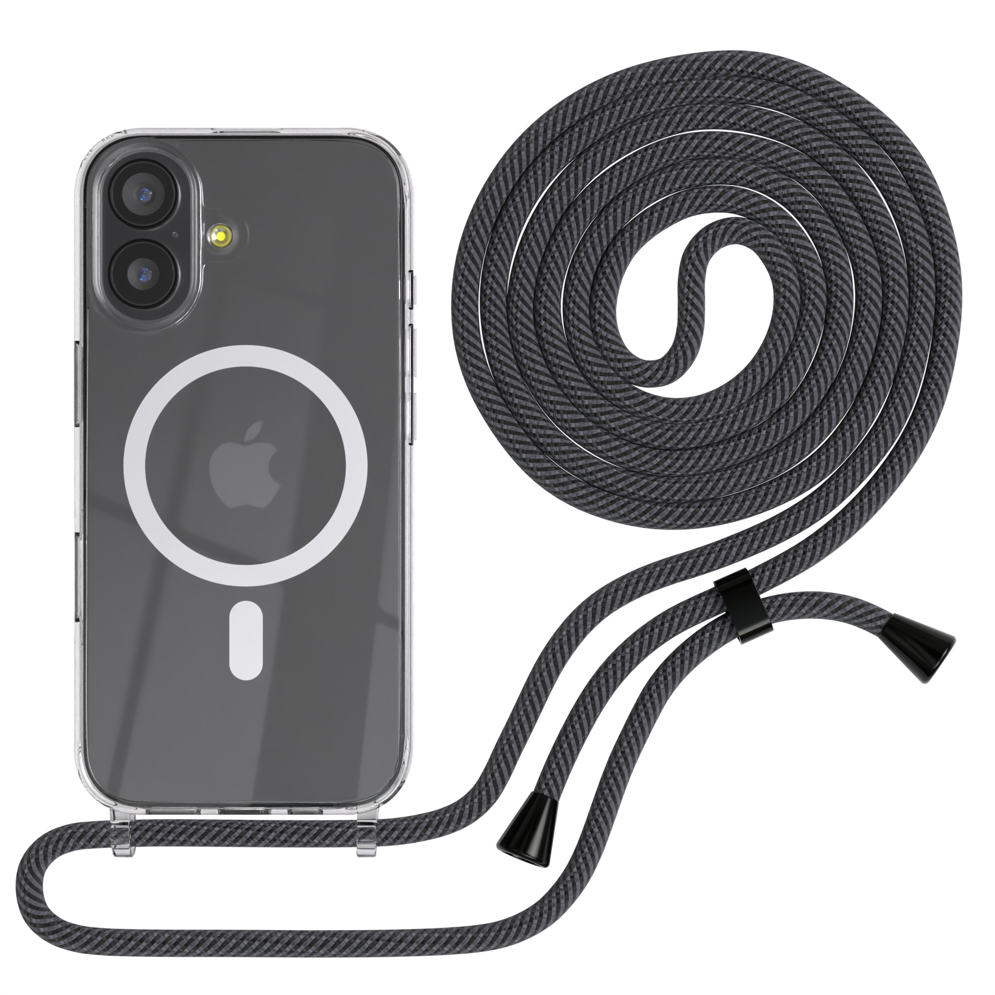 Eine transparente Handyhülle mit einem grauen Band. Das Gehäuse hat ein weißes Apple-Logo und einen Magnetkreis. Das Band ist dunkelgrau.