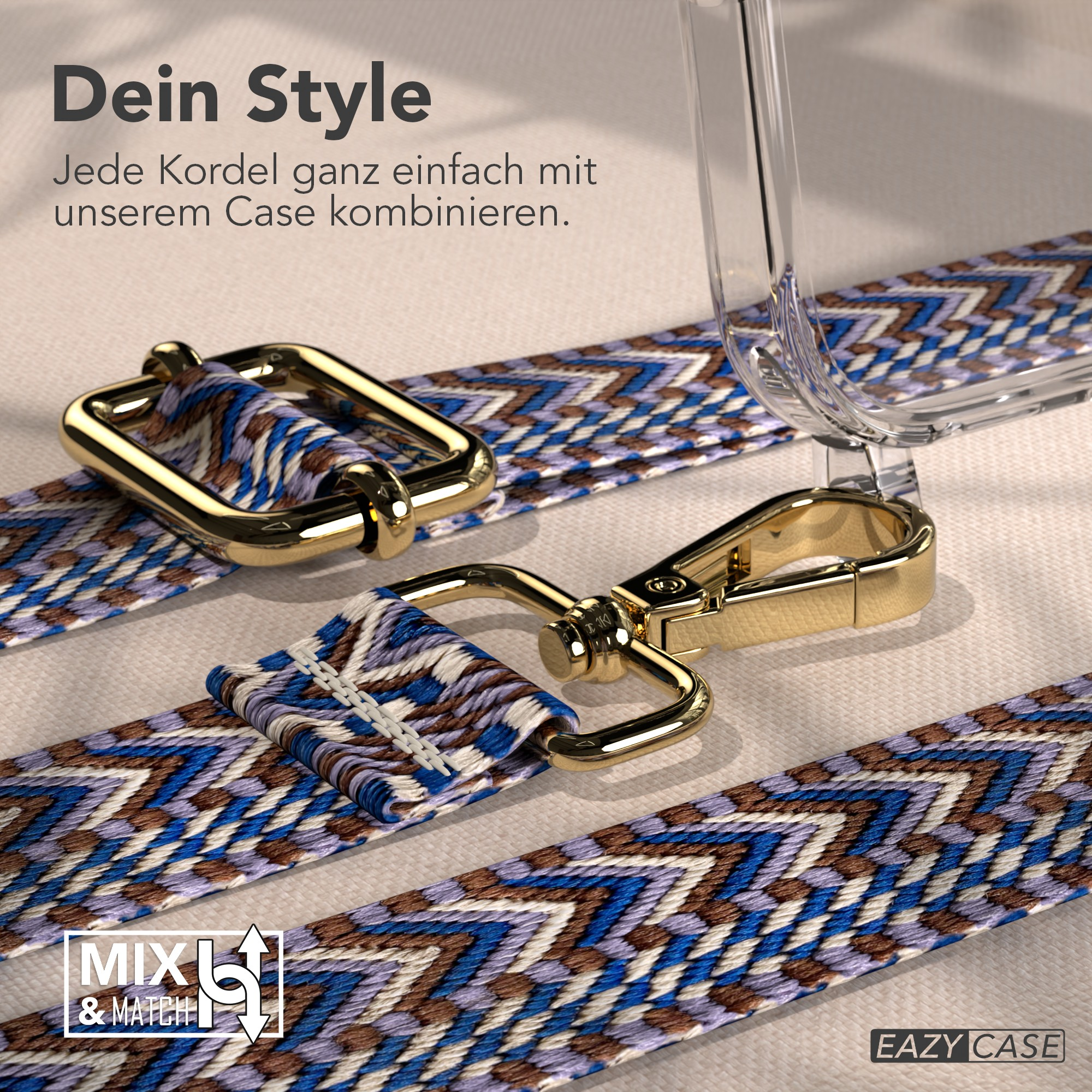 Nahaufnahme eines Telefonriemens mit goldfarbener Hardware. Der Riemen hat ein blaues, braunes und weißes Muster.