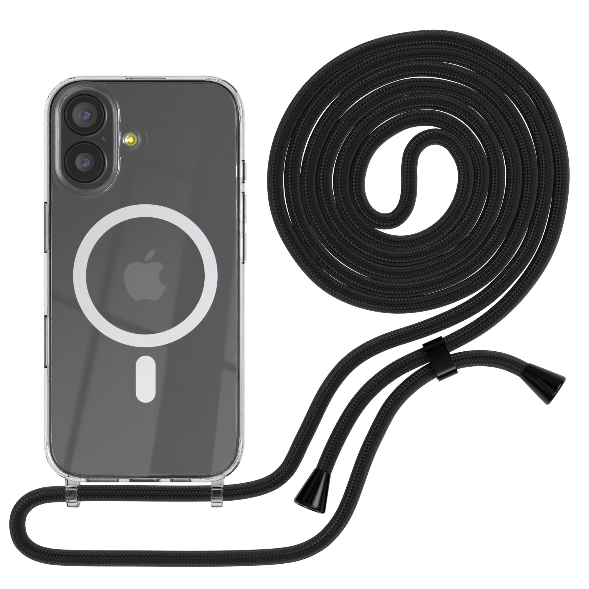 Transparente Handyhülle mit schwarzem Umhängeband. Die Handyhülle hat ein Apple-Logo. Das Umhängeband ist aufgerollt und befestigt.