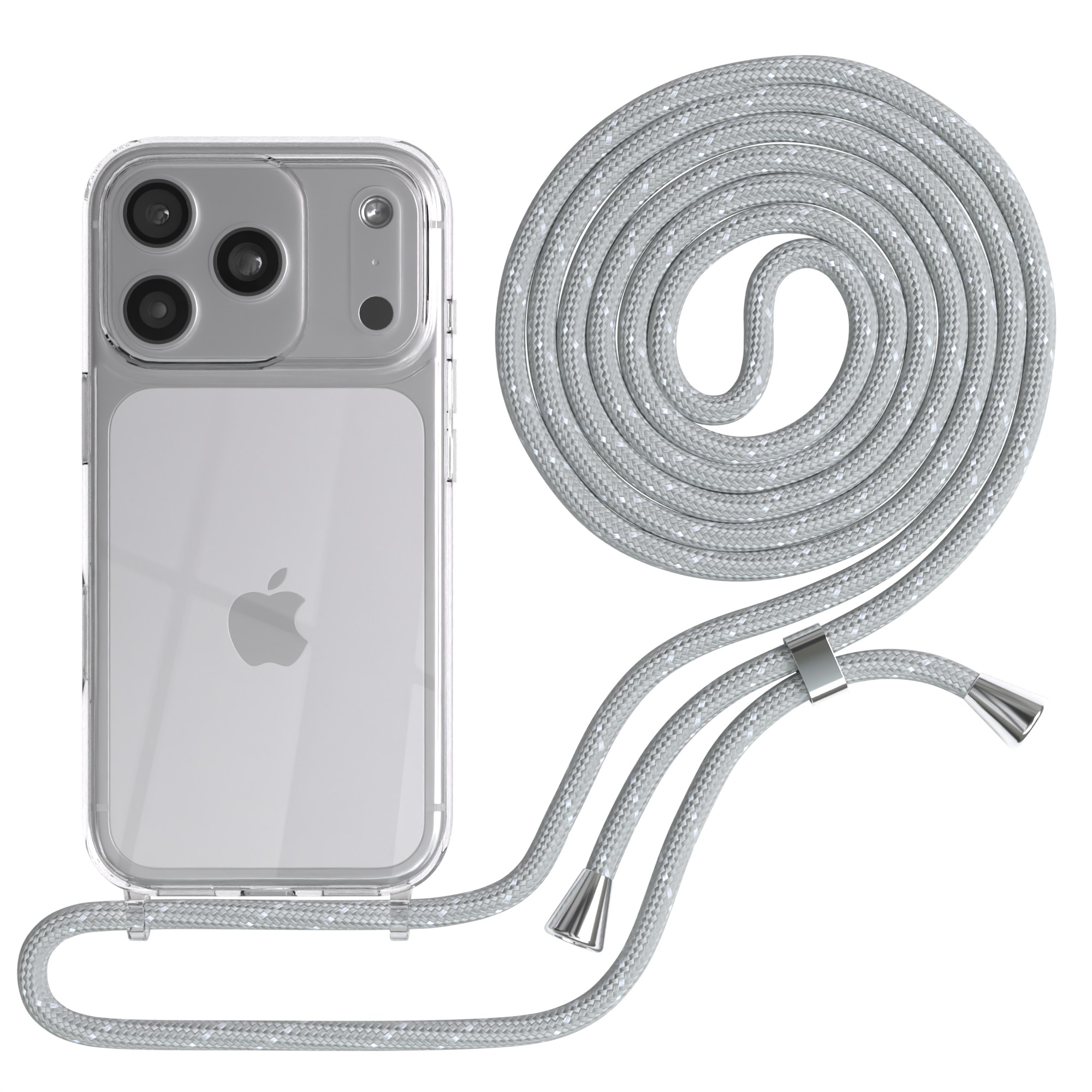 Klar iPhone-Hülle mit silberner Kordel. Das Telefon hat drei Kameras. Das Lanyard ist aufgerollt und hat Metallenden.