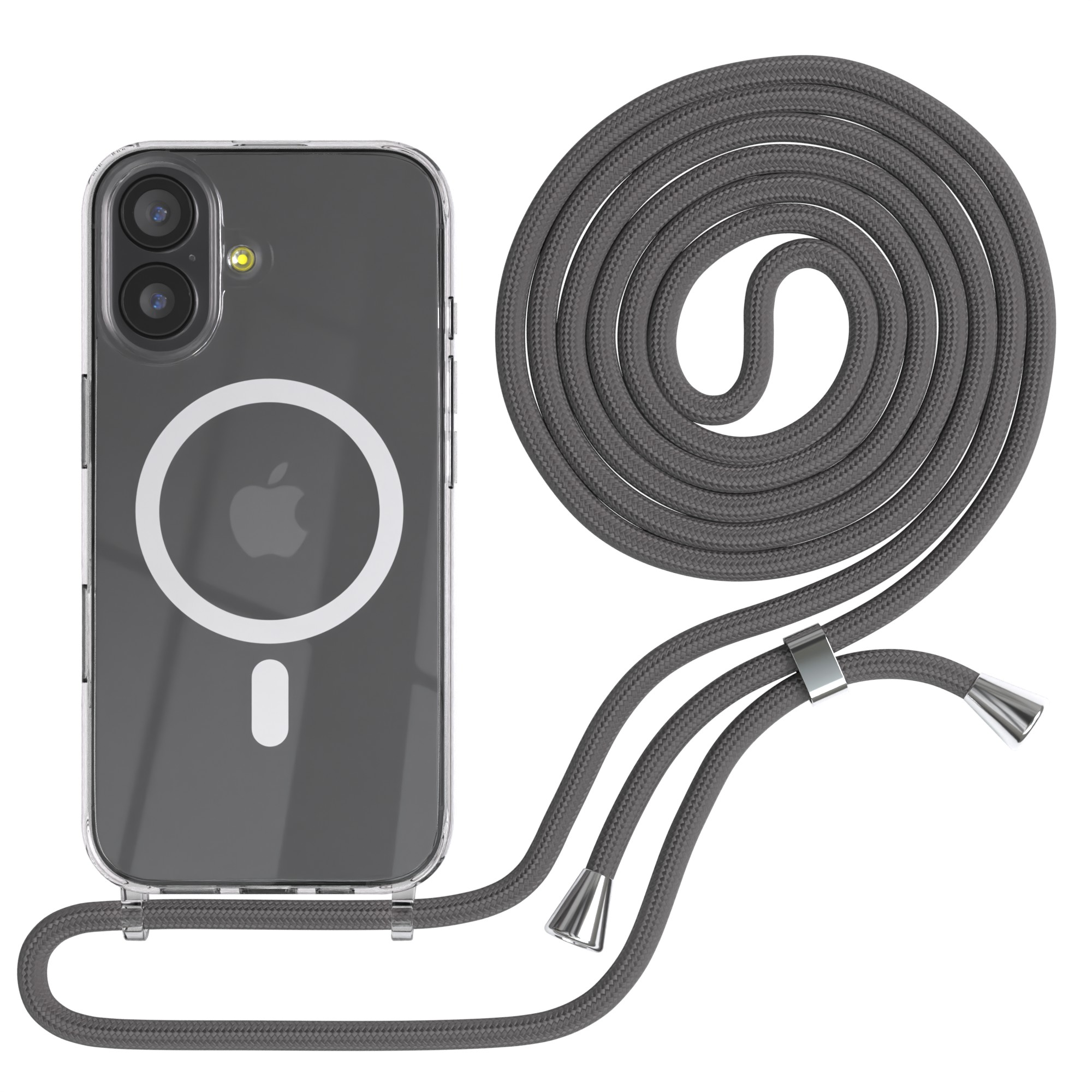 Ein Telefon in einer Hülle mit einem grauen Umhängeband. Das Telefon befindet sich links in der Mitte, das Umhängeband ist rechts aufgerollt.