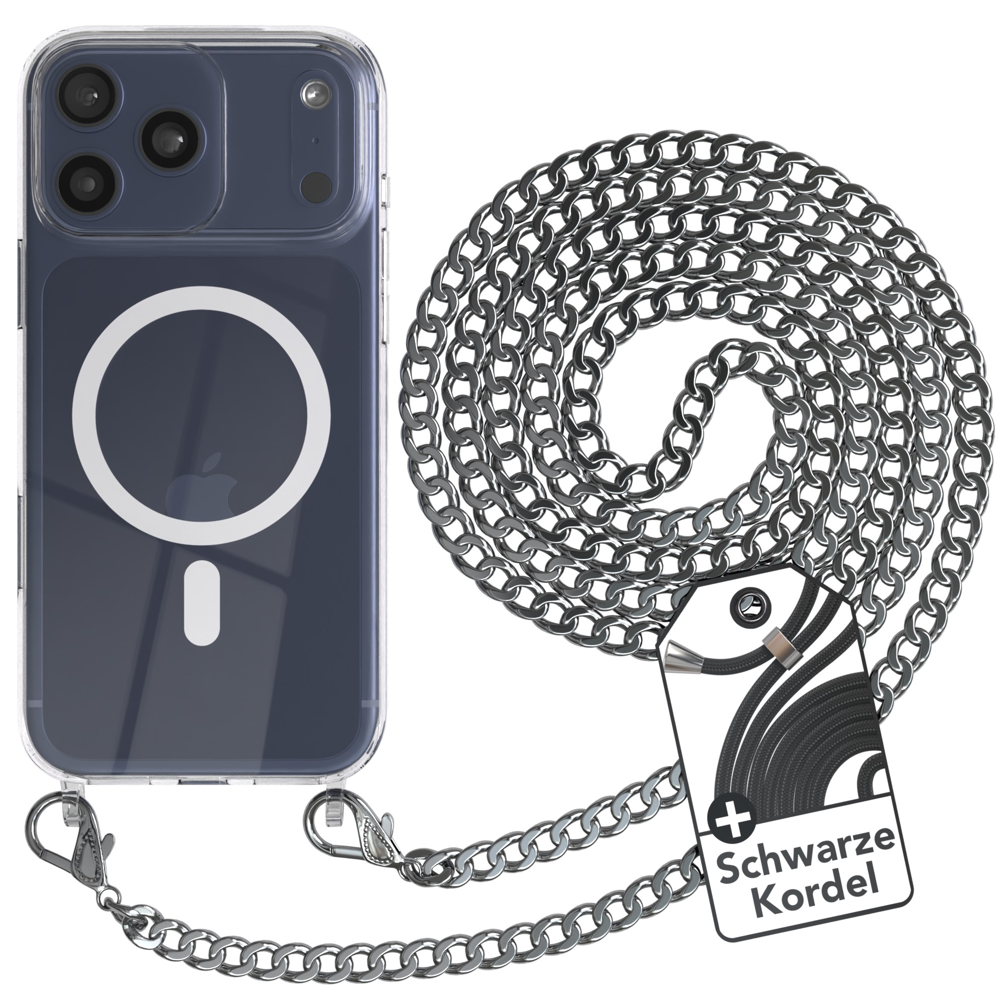 Eine Handyhülle mit Kette. Die Hülle ist transparent mit blauem Hintergrund und Apple-Logo. Ein Etikett sagt 'Schwarze Kordel'.