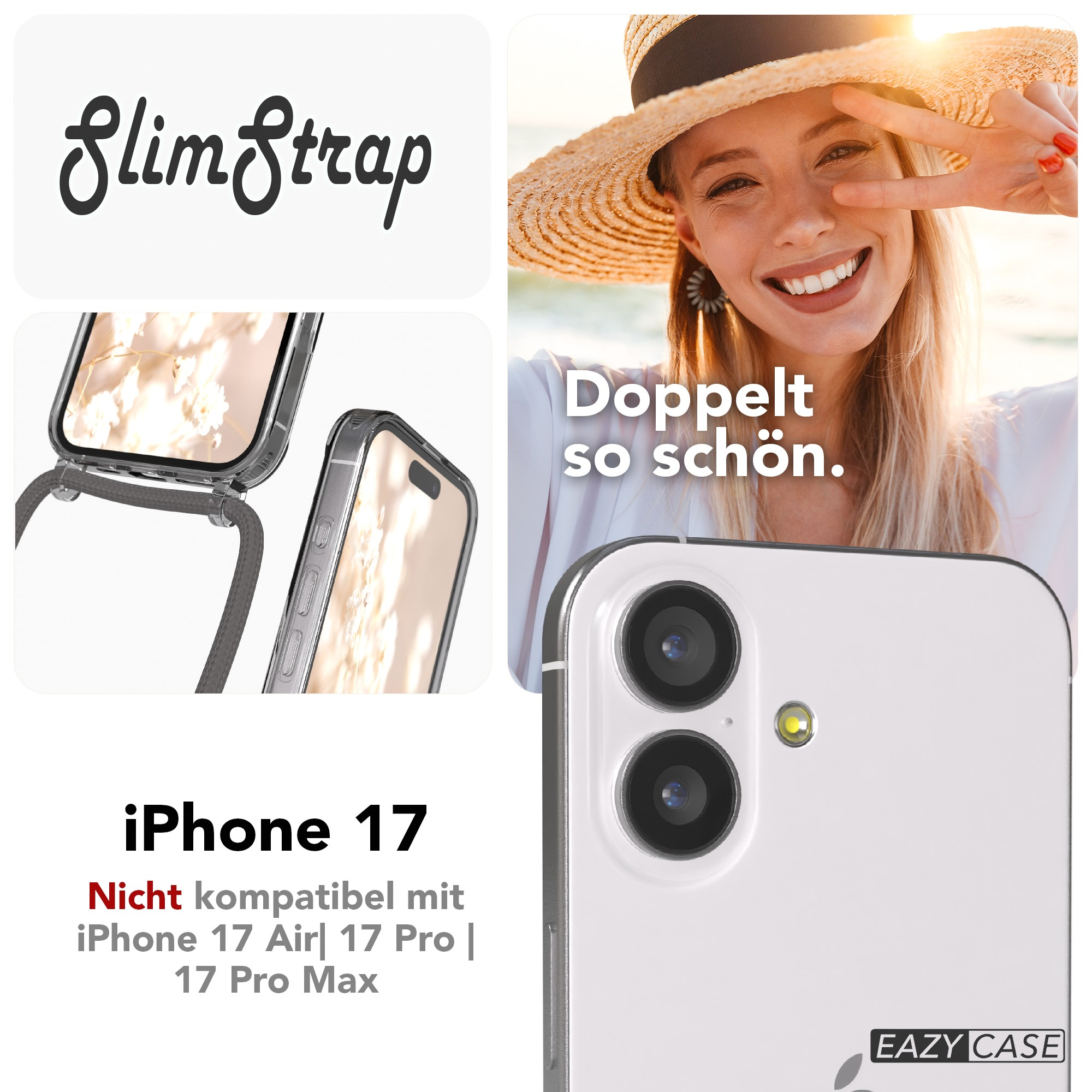 Das Bild zeigt eine Frau mit Strohhut, eine iPhone 17 Hülle und Text mit der Aufschrift 'SlimStrap' und 'iPhone 17'.