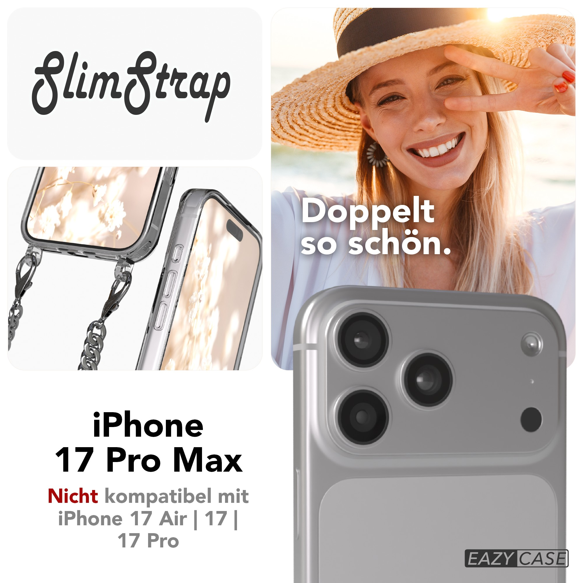 Eine lächelnde Frau mit Peace-Zeichen, die für eine iPhone-Hülle wirbt. Text: 'SlimStrap', 'iPhone 17 Pro Max'.