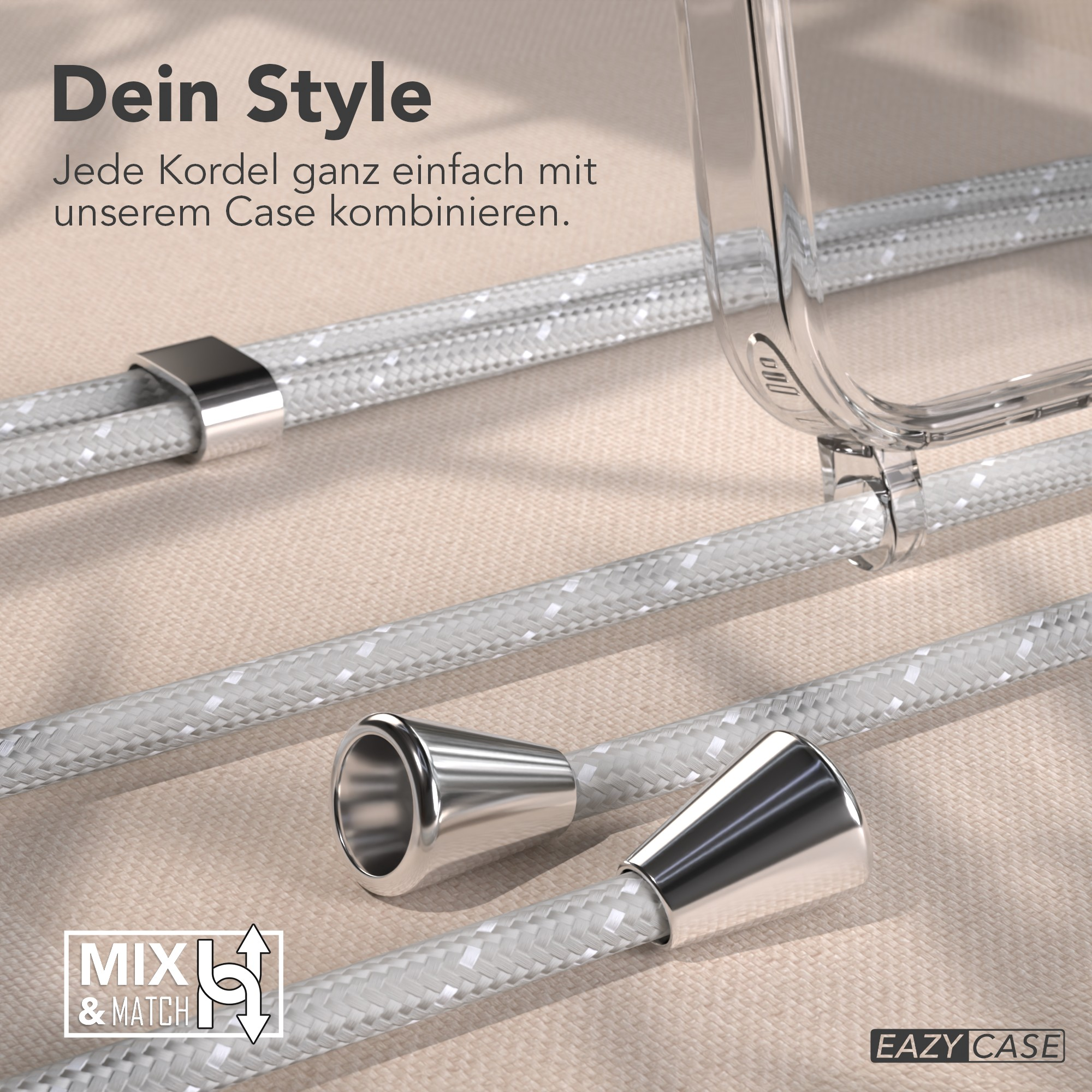 Das Bild zeigt eine transparente Handyhülle, weiße Kordeln mit silbernen Enden und den Text 'Dein Style'.