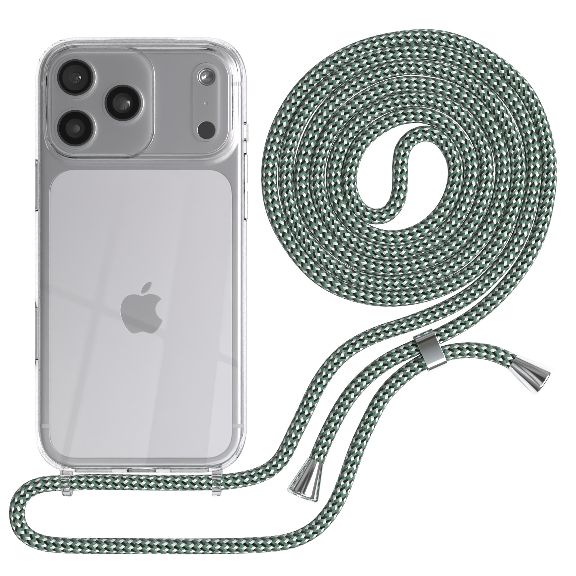 Transparente Handyhülle mit grün-weißem Seilriemen. Das Telefon hat drei Kameras. Der Riemen ist im Hintergrund aufgerollt.