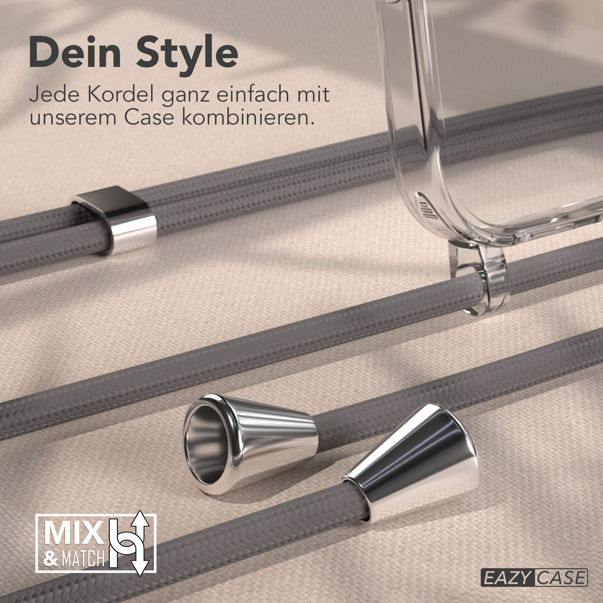 Ein durchsichtiges Handycase mit grauen Kordeln und Metallverschlüssen, 'Mix & Match'-Logo und 'Eazy Case'-Branding.