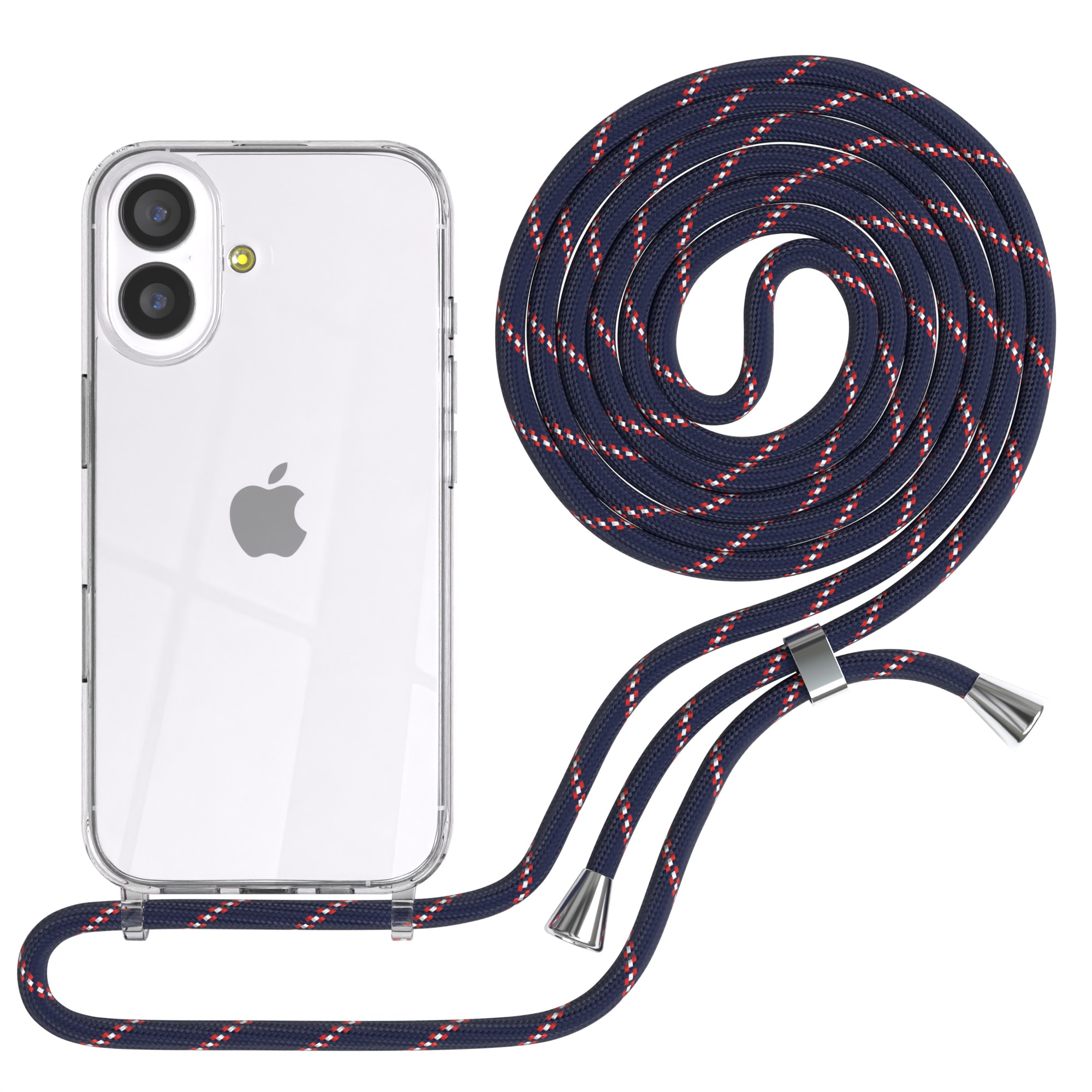 Transparente Handyhülle mit marineblau-rotem Seilriemen, aufgerollt. Apple-Logo sichtbar. Silberne Metallbefestigungen.