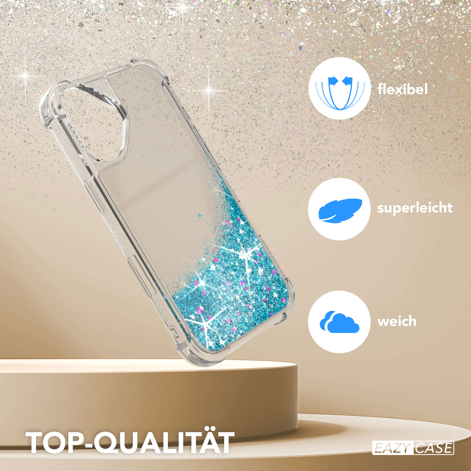 Transparente Handyhülle mit blauem Glitzer und rosa Sternen. Die Hülle steht auf einer Plattform, mit 'TOP-QUALITÄT' und Icons.