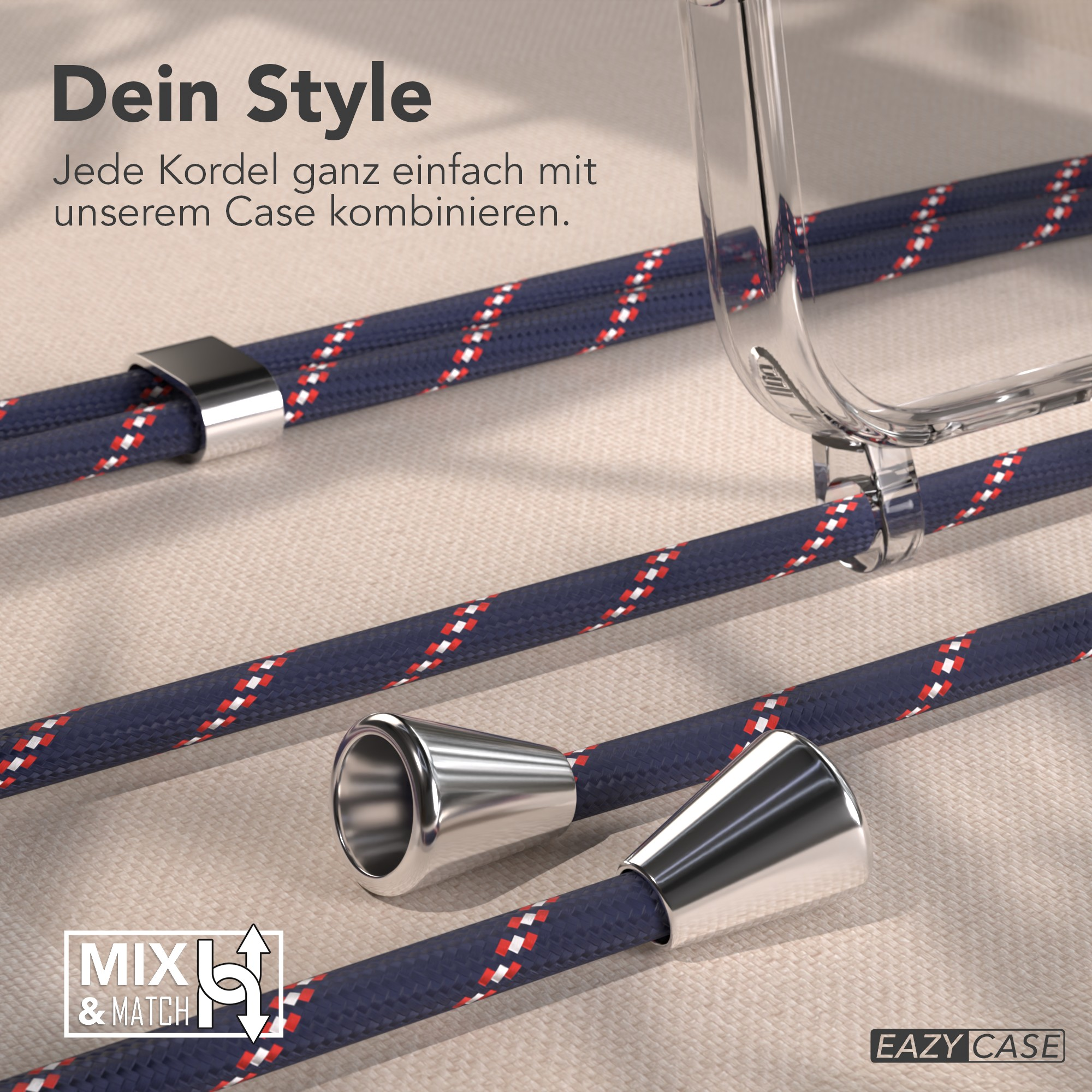 Das Bild zeigt Handykabel mit Metallaufsätzen. Die Kabel sind blau mit roten und weißen Akzenten, und eine durchsichtige Handyhülle.